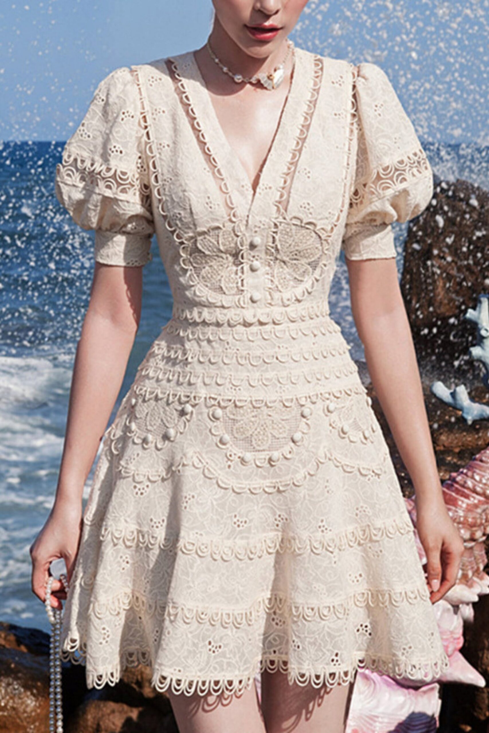 EMBROIDERED V-NECK MINI DRESS BEIGE
