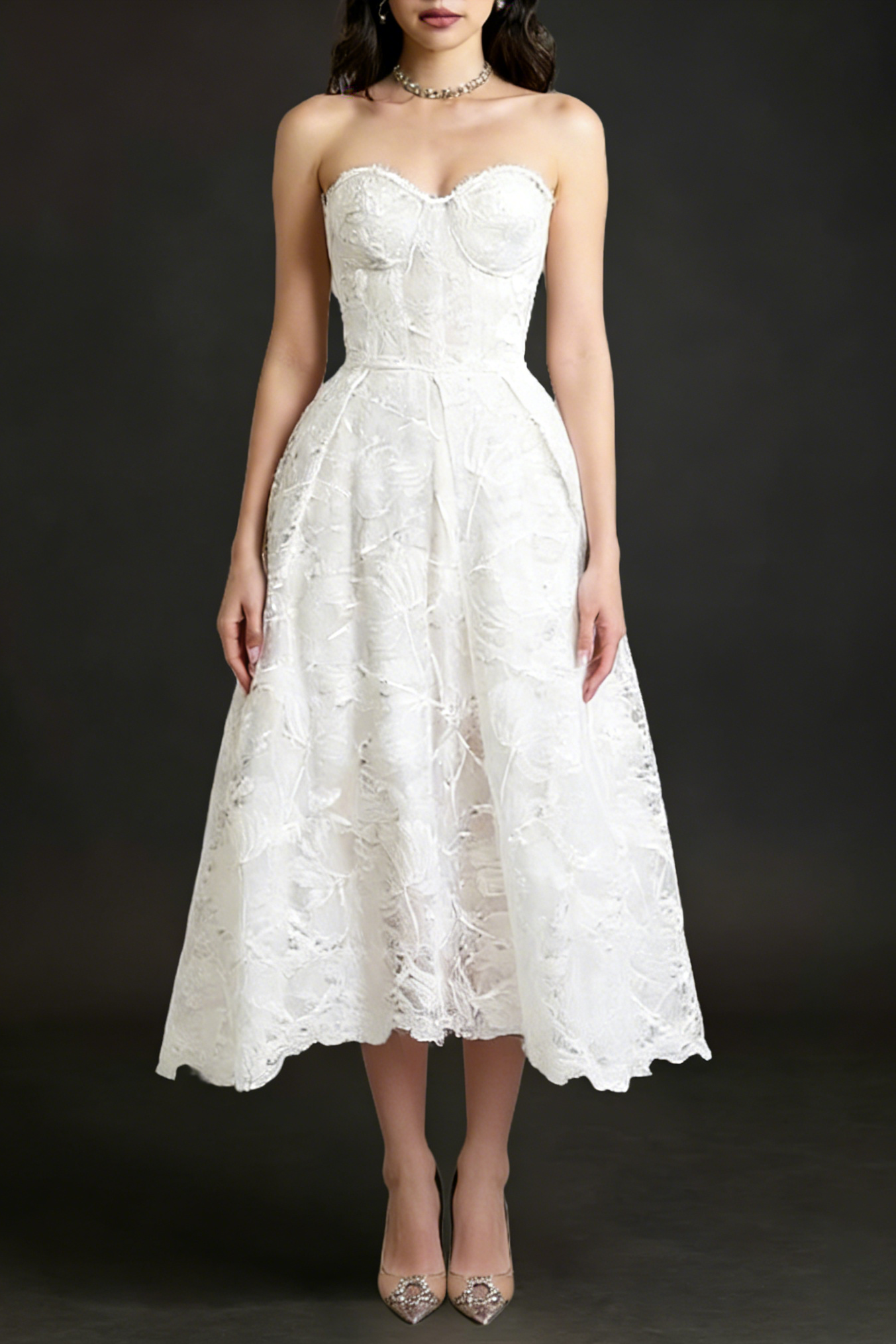 AGNENS WHITE STRAPLESS LACE MIDI DRESS