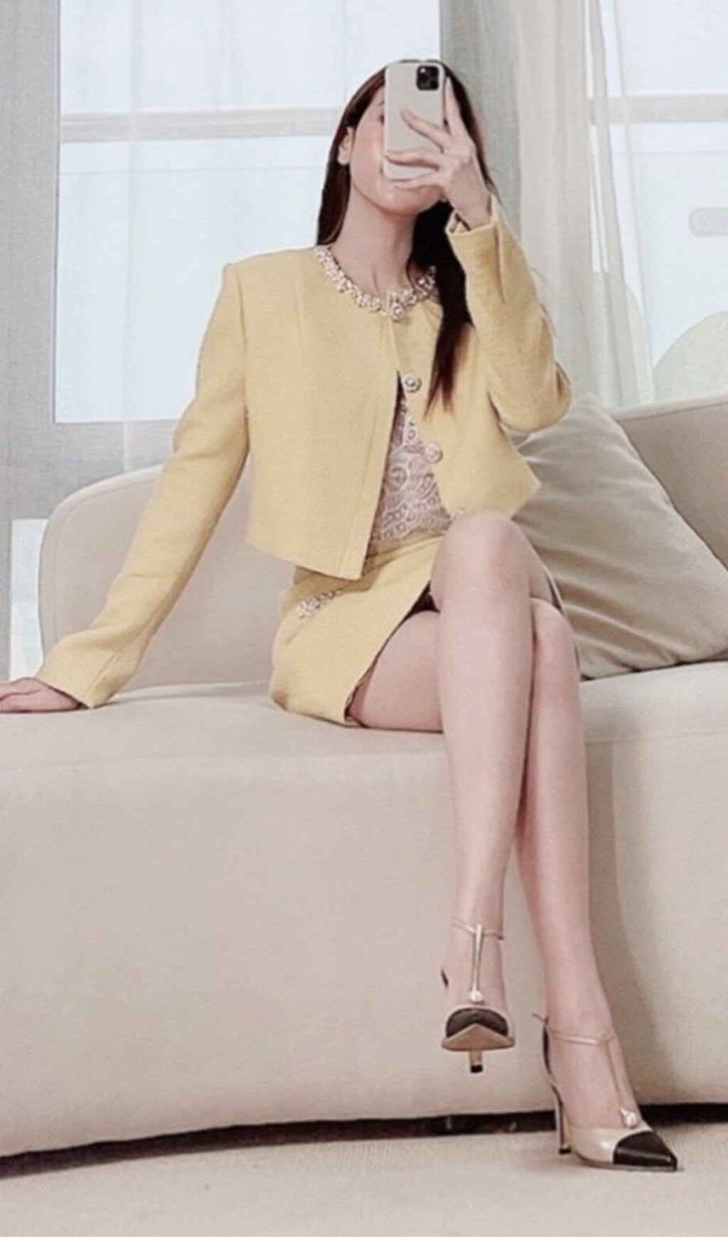 YELLOW LONG SLEEVE BLAZER SKIRT SET FOR WORK