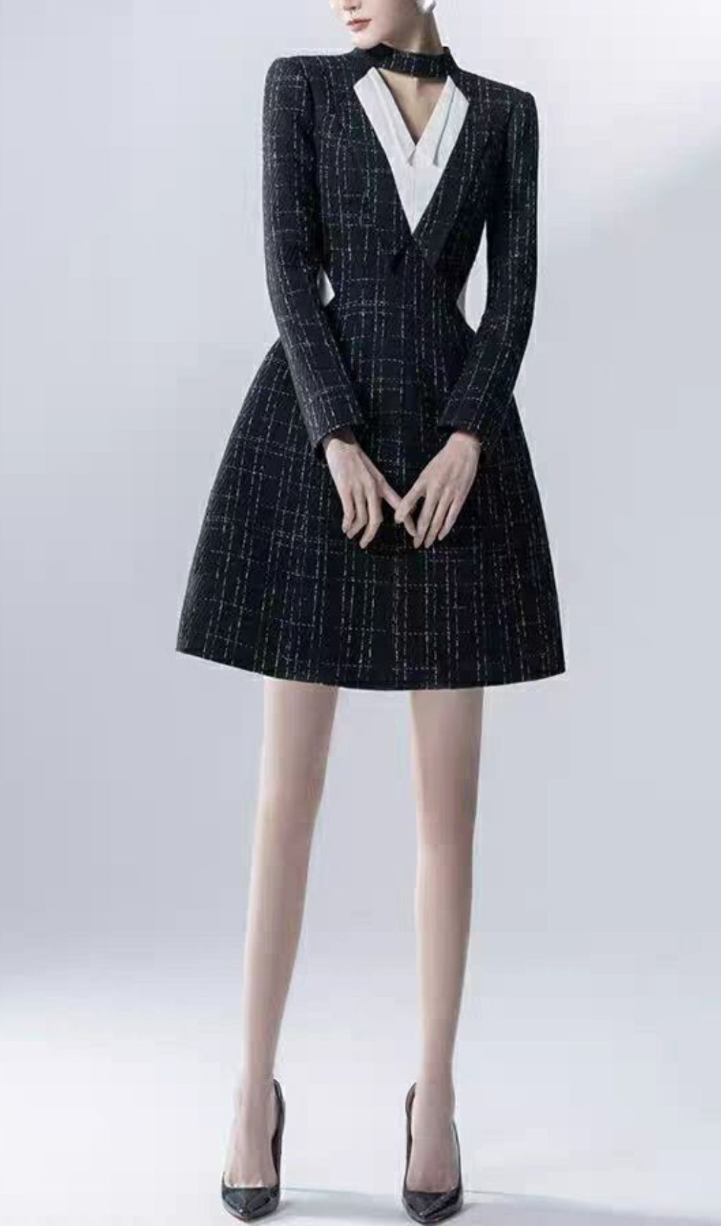 HALTER V-NECK A-LINE JACKET DRESS BLACK