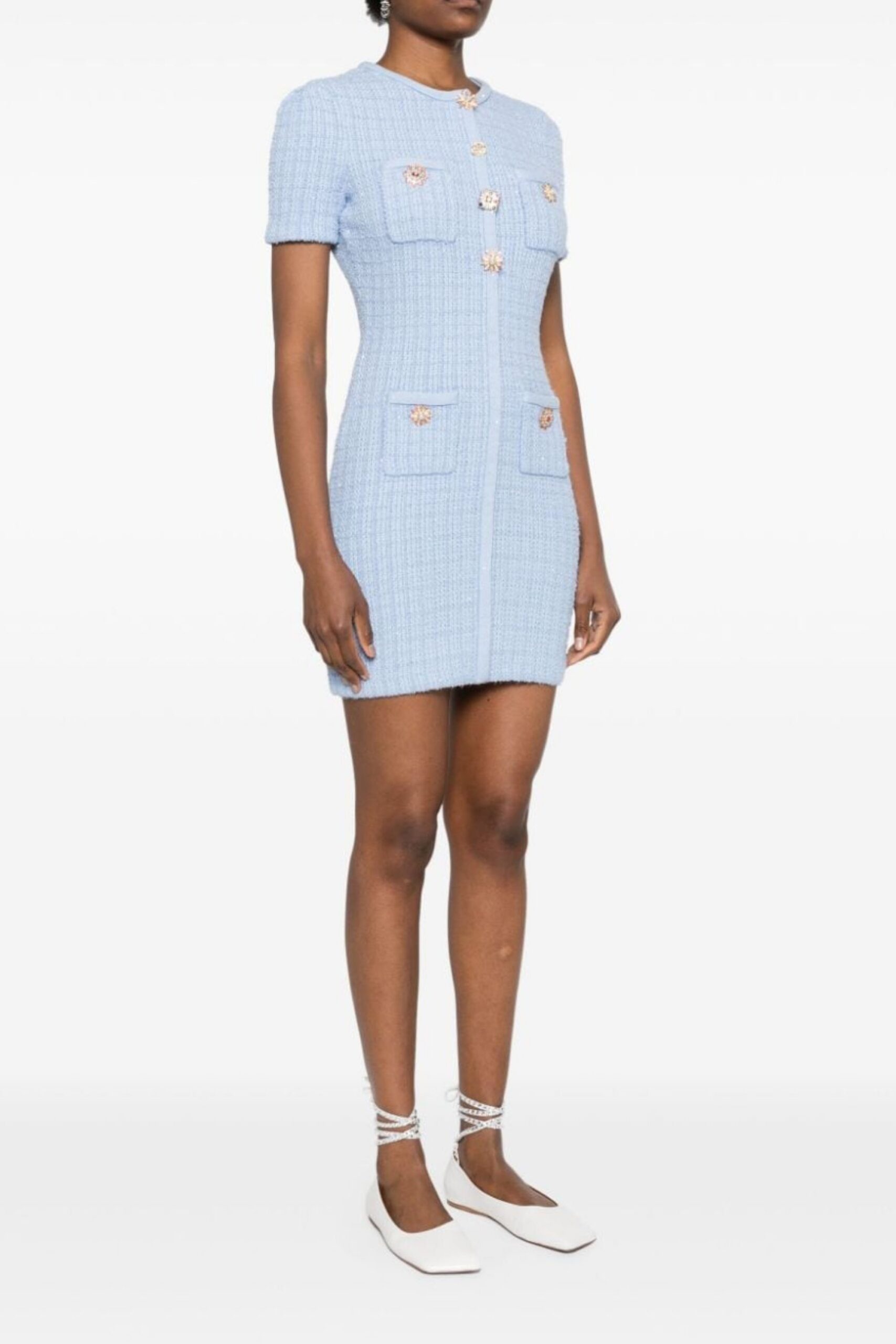 MODEST BEADED KNIT MINI DRESS, BLUE COCKTAIL