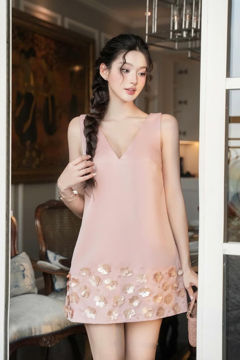 FLORAL SLEEVELESS V-NECK MINI DRESS FOR PARTIES