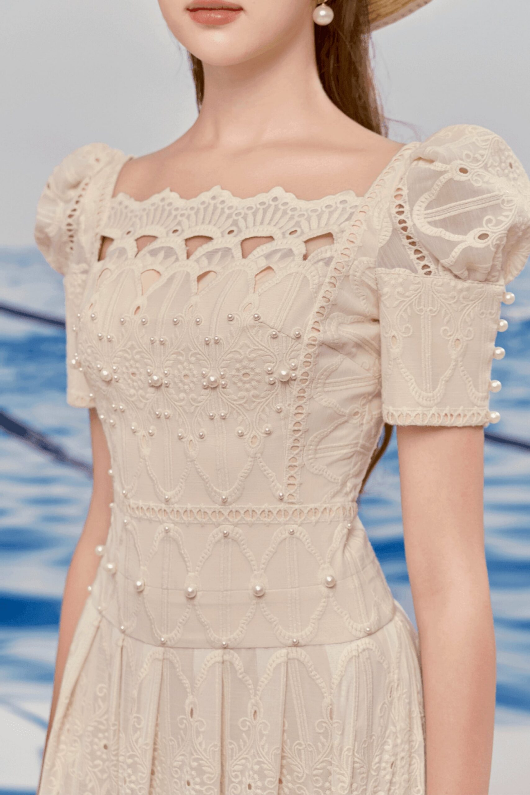 A-LINE LACE MIDI DRESS, LEG OF MUTTON SLEEVES, WEDDING GUEST