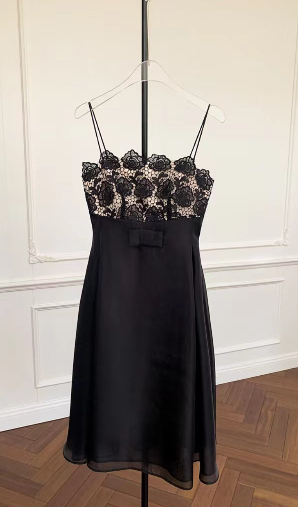 BLACK LACE MIDI DRESS WITH CAMISOLE BODICE