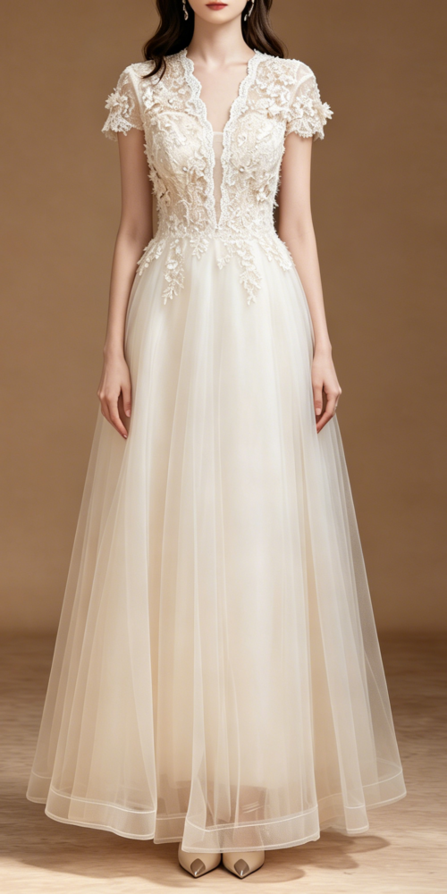 3D FLORAL LACE TULLE EVENING GOWN, FLOOR-LENGTH