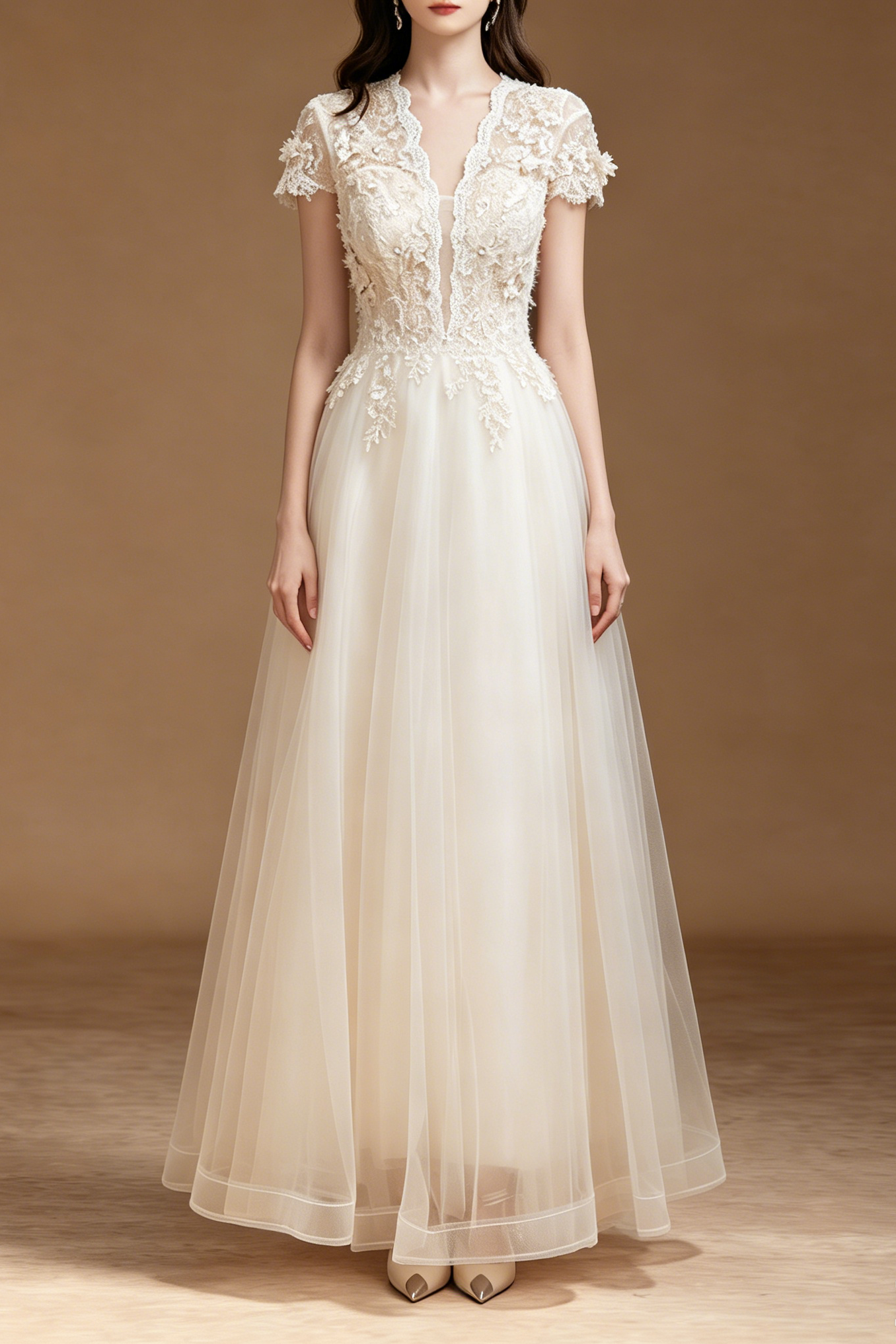 3D FLORAL LACE TULLE EVENING GOWN, FLOOR-LENGTH