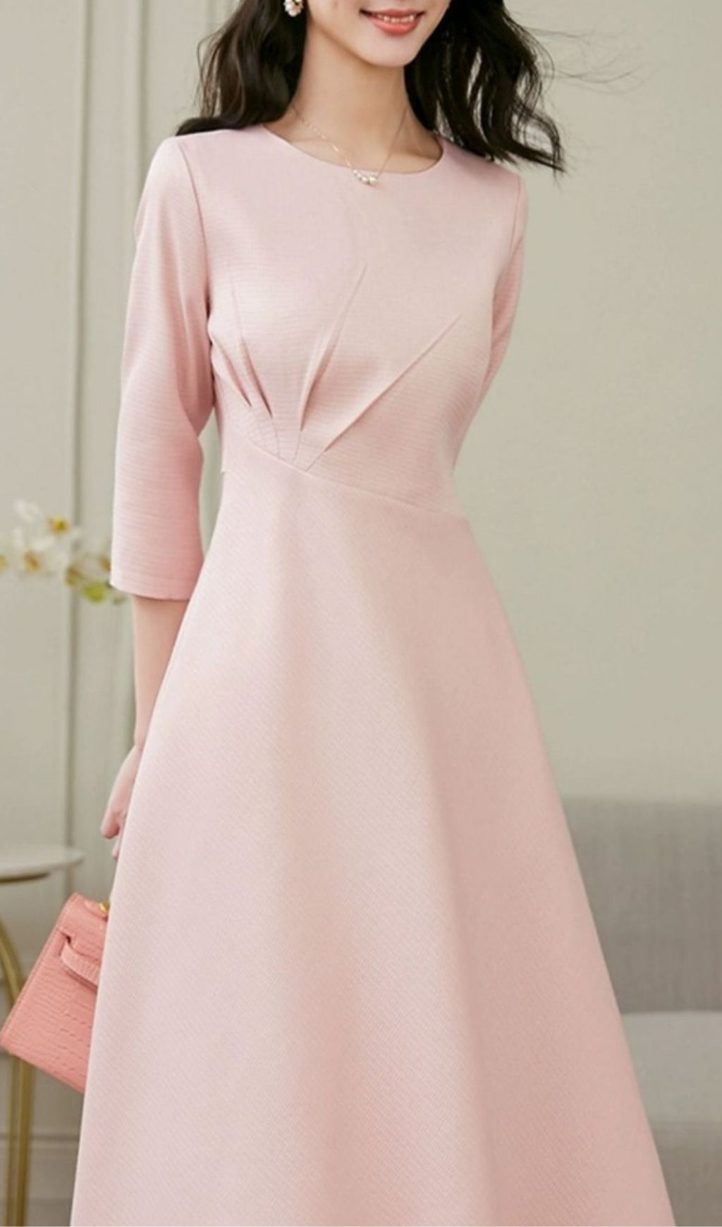 ELEGANT PINK LONG SLEEVE MIDI DRESS FOR WEDDING GUEST