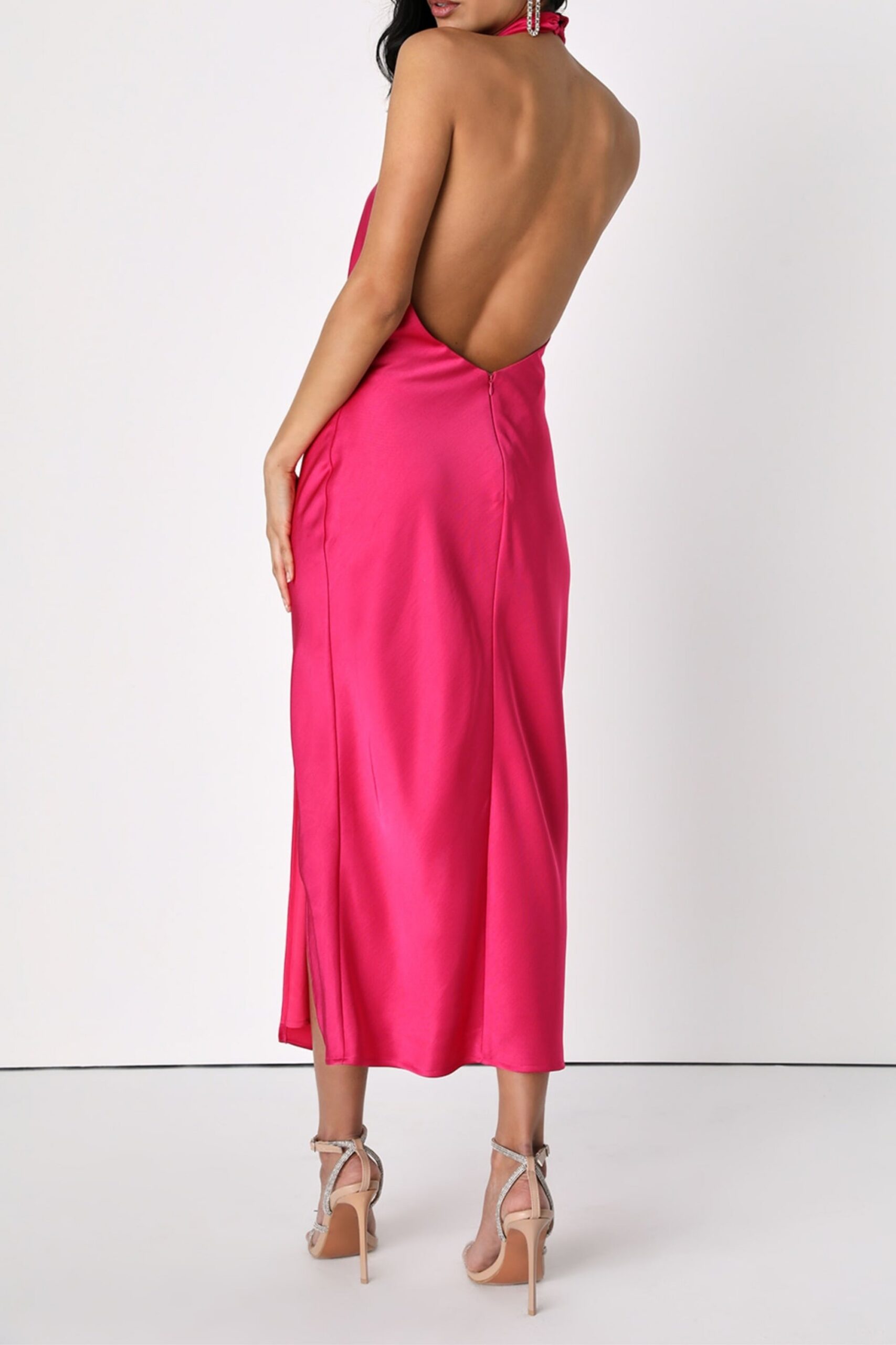 HOT PINK SATIN HALTER MIDI DRESS