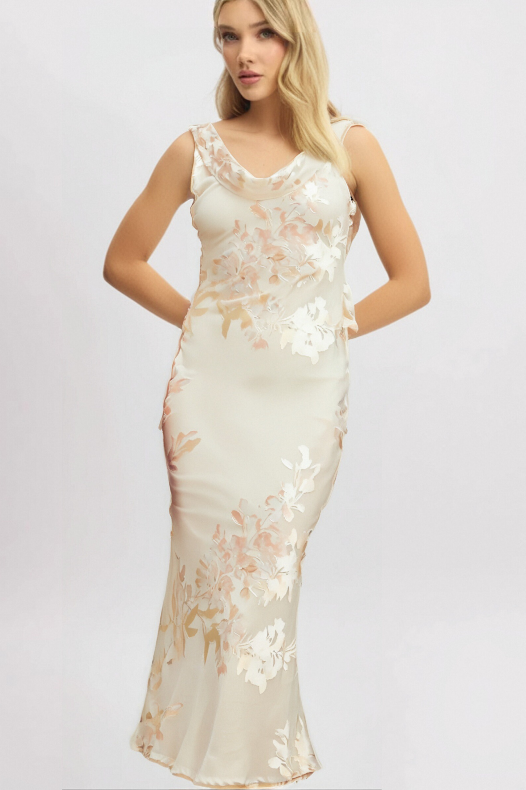 YOLANDA BEIGE FLORAL JACQUARD MIDI DRESS FOR WEDDING GUEST