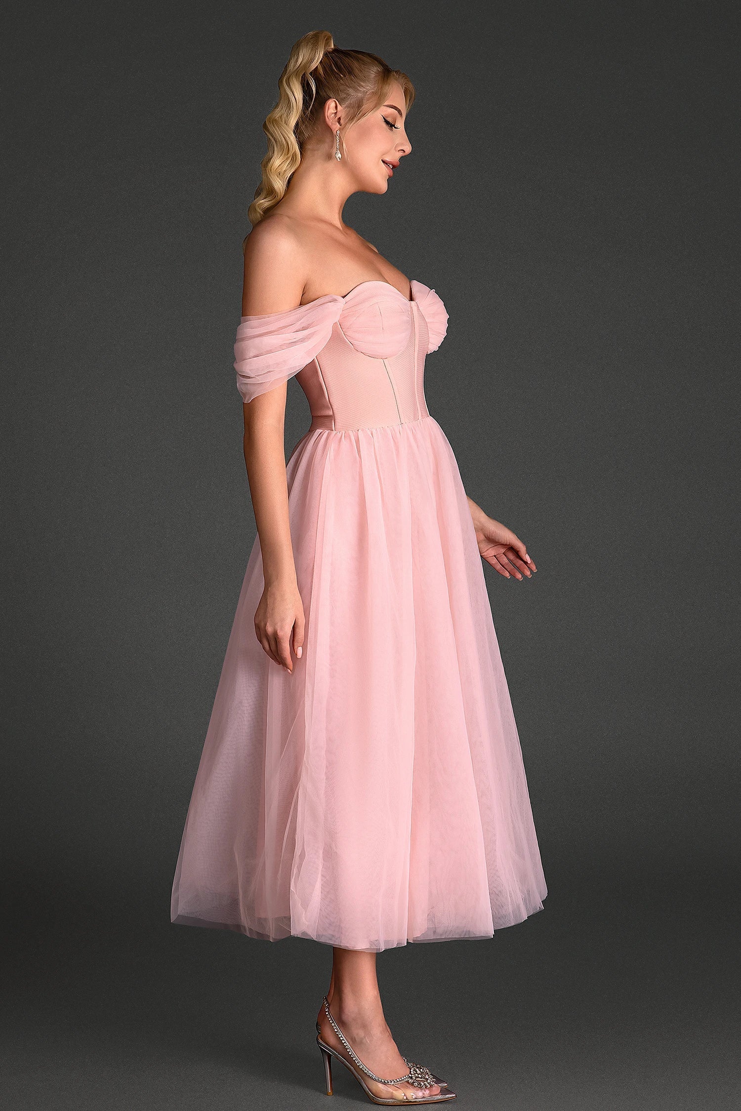SIMAS OFF-SHOULDER PATCHWORK MESH PARTY DRESS