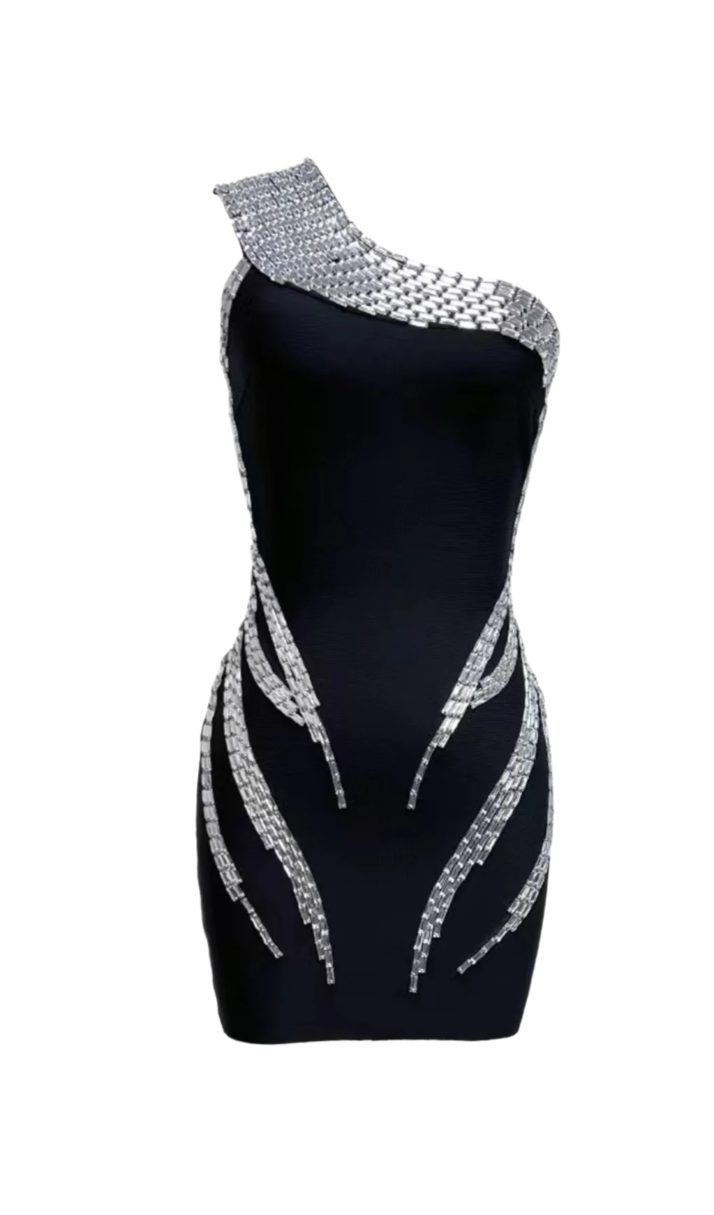 ONE SHOULDER RHINESTONE BLACK MINI COCKTAIL DRESS