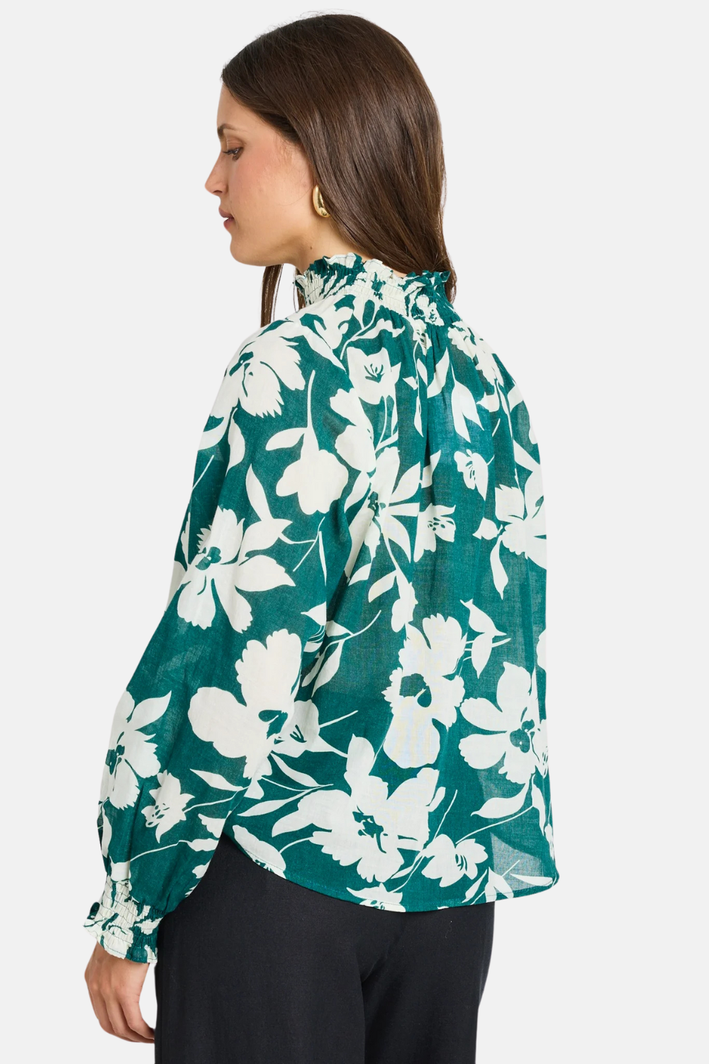 AFFECTION FOREST FLORAL SHIRRED HIGH NECK TOP
