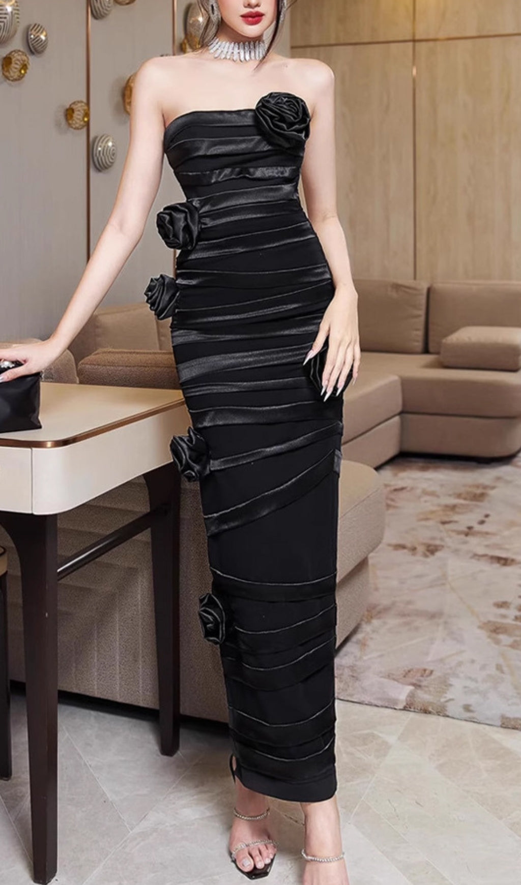 4_3b9625c0-6c01-4307-b996-857d3bb68b27 BLACK STRAPLESS FLOWER MAXI DRESS, EVENING
