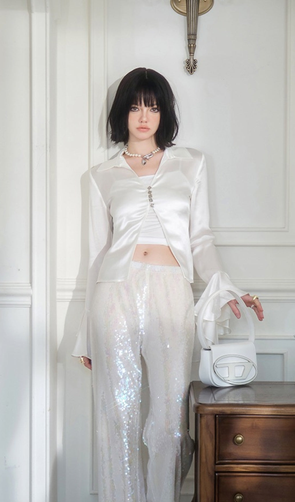 WHITE SATIN RUFFLE BLOUSE FOR WEDDING GUEST