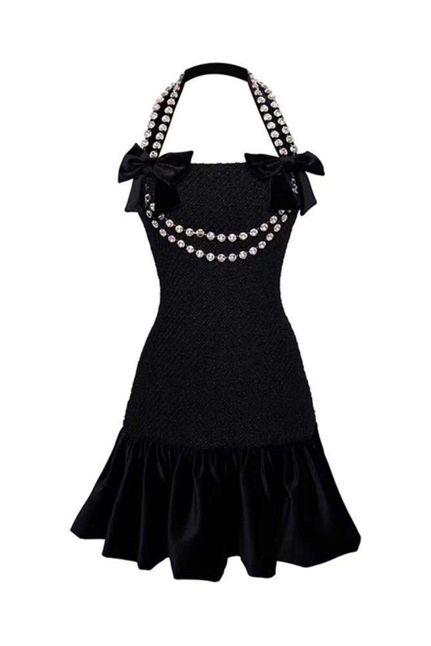 RHINESTONE HALTER MINI DRESS BLACK COCKTAIL