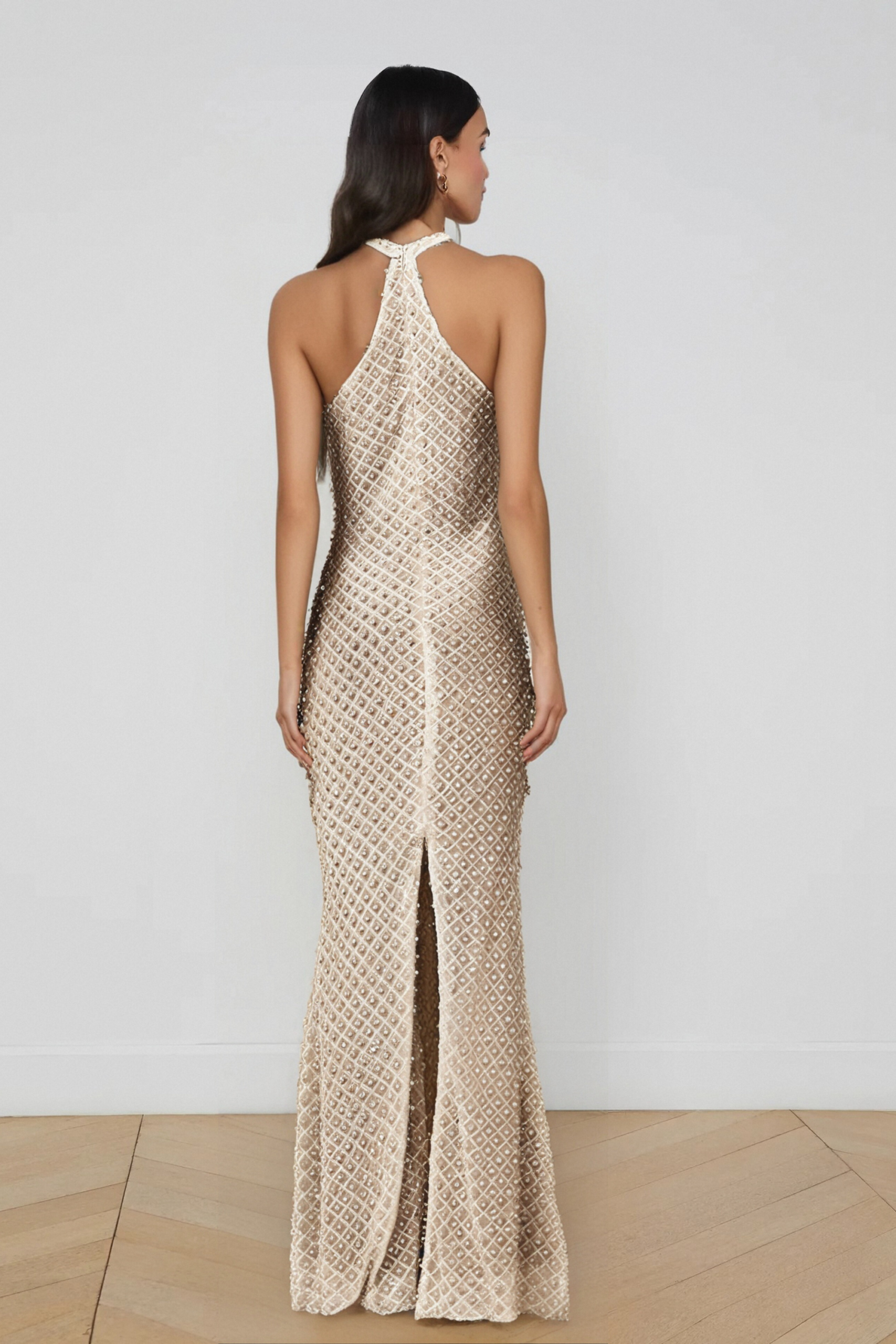 CLAUDINE WHITE EMBELLISHED HALTER MAXI DRESS