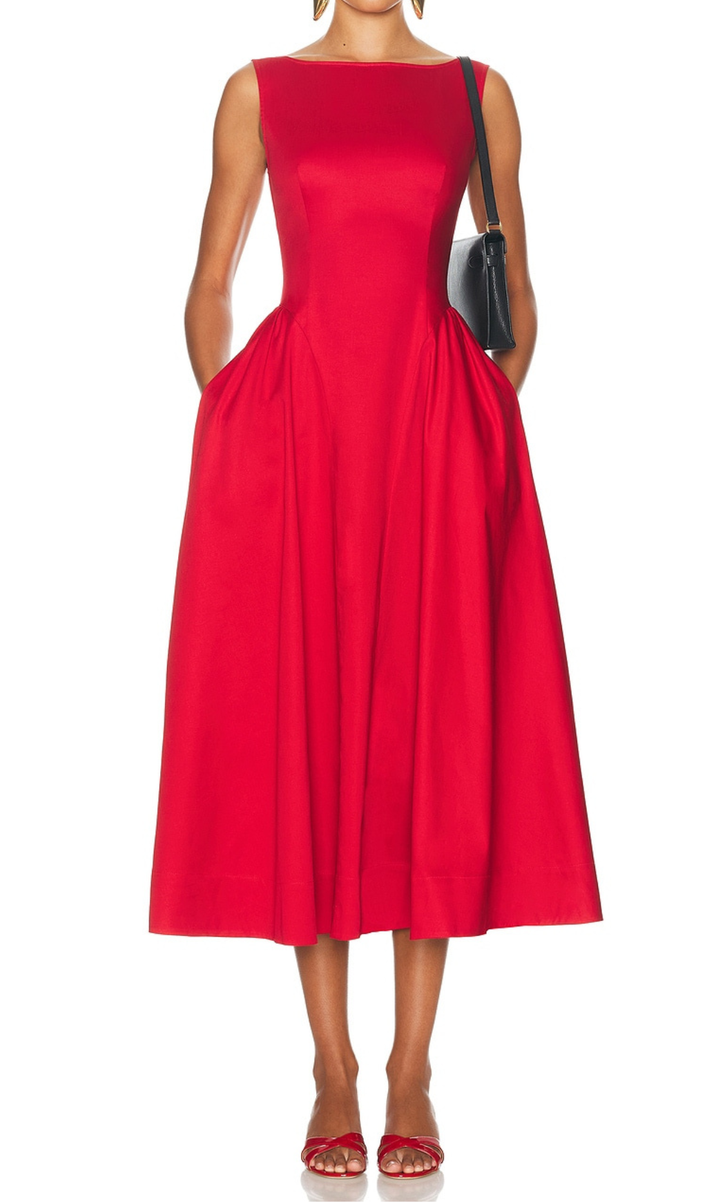STRETCH COTTON SATEEN MIDI DRESS RED