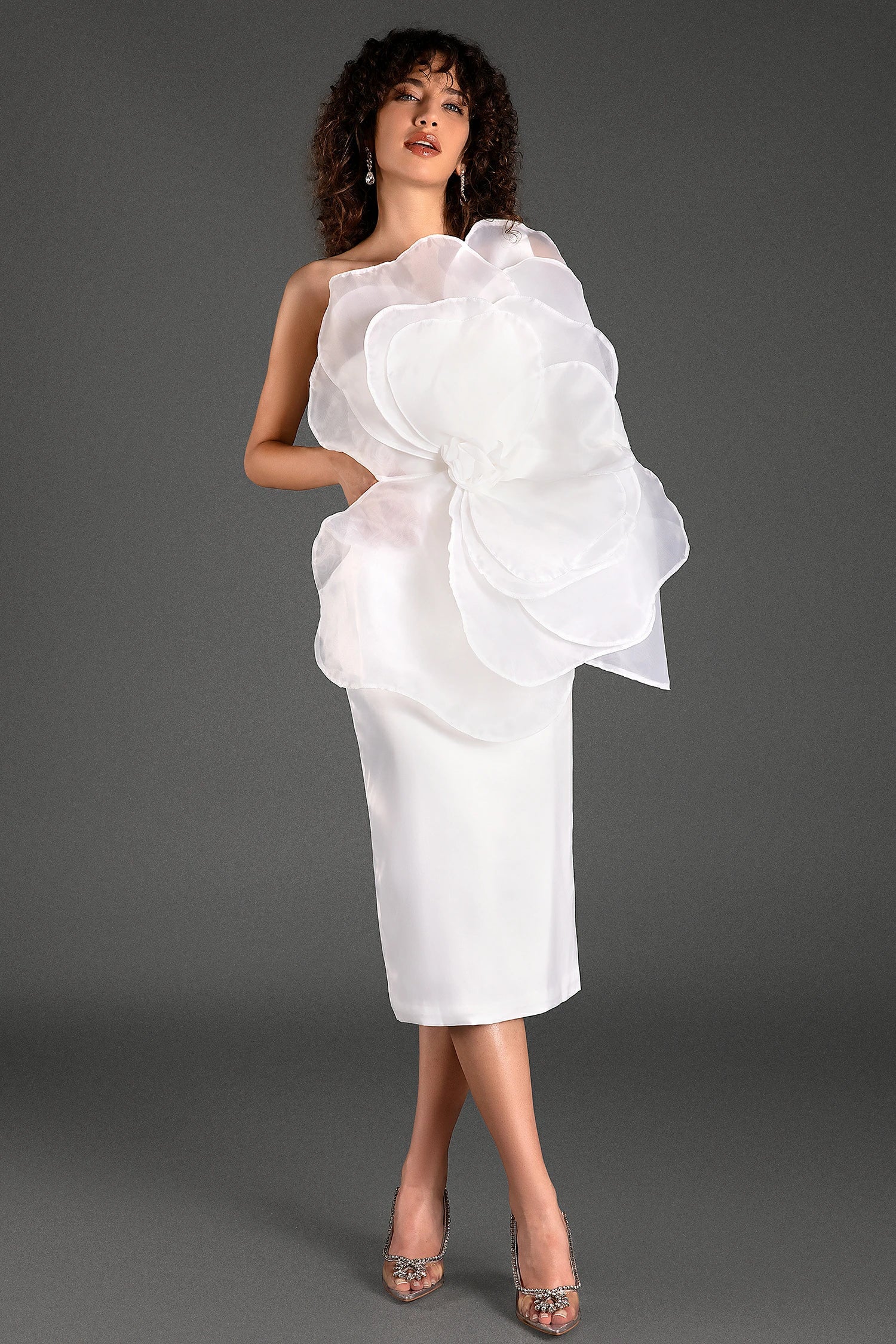 MUSTELIS ONE SHOULDER 3D FLORAL MIDI DRESS FOR WEDDING