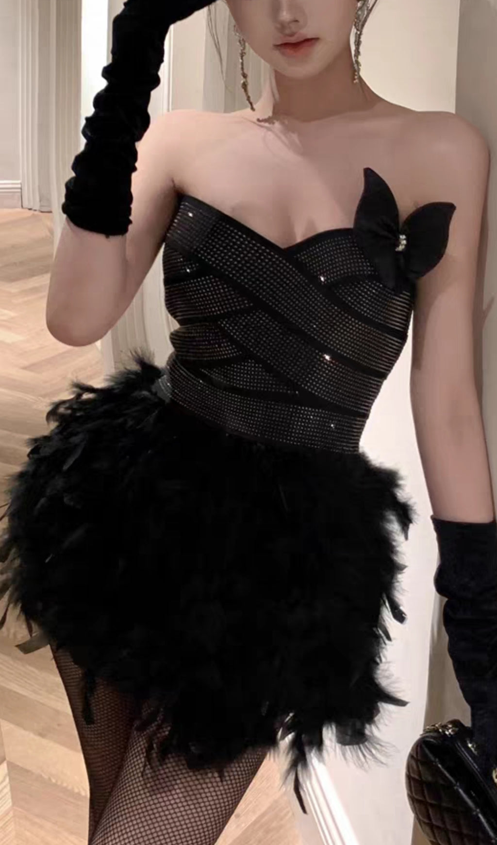 RHINESTONE FEATHER STRAPLESS MINI BLACK PARTY DRESS