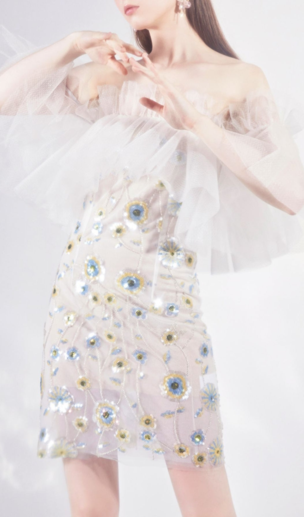 FLORAL SEQUIN MINI DRESS FOR PARTY WHITE