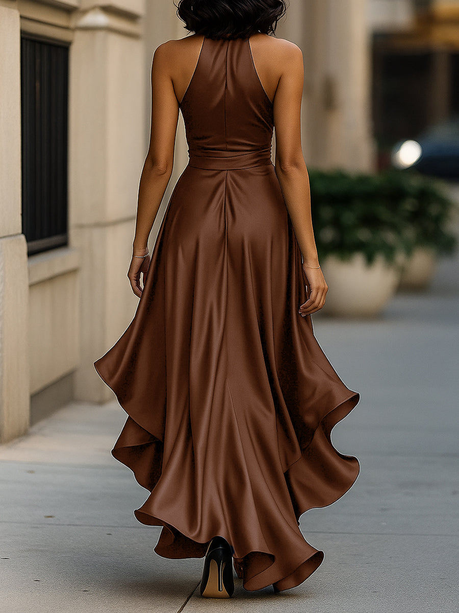 MIDNIGHT SATIN HALTER RUFFLE GOWN