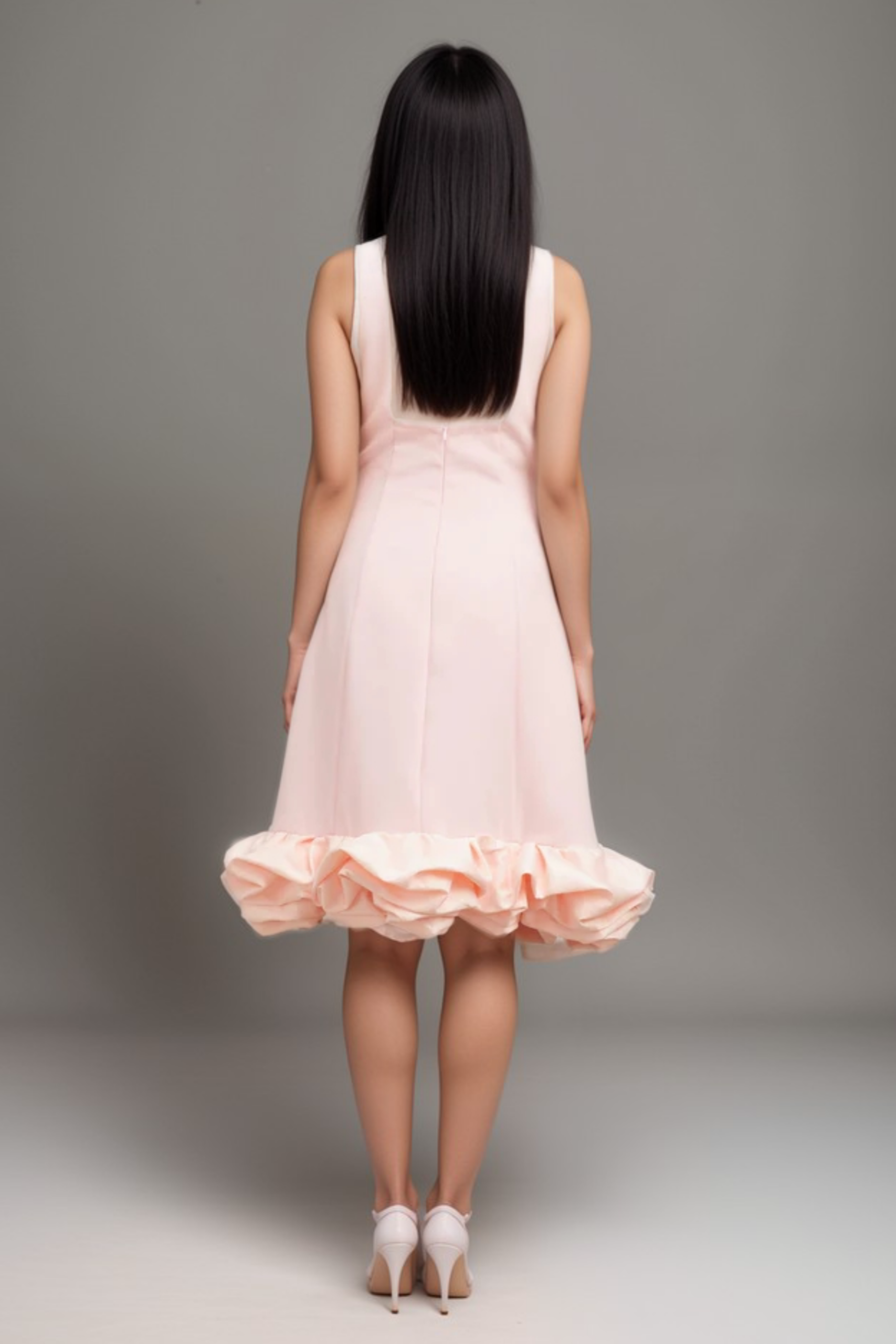 CHIC PINK RUFFLED SLEEVELESS MIDI DRESS