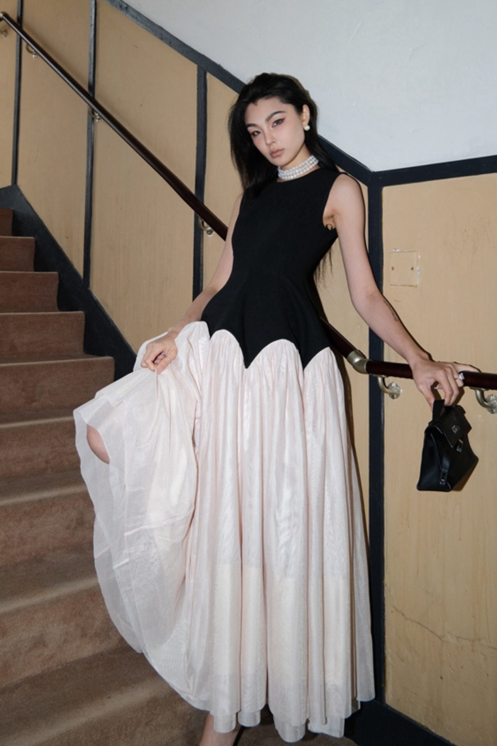 BLACK & WHITE TULLE MAXI DRESS FOR FORMAL EVENTS