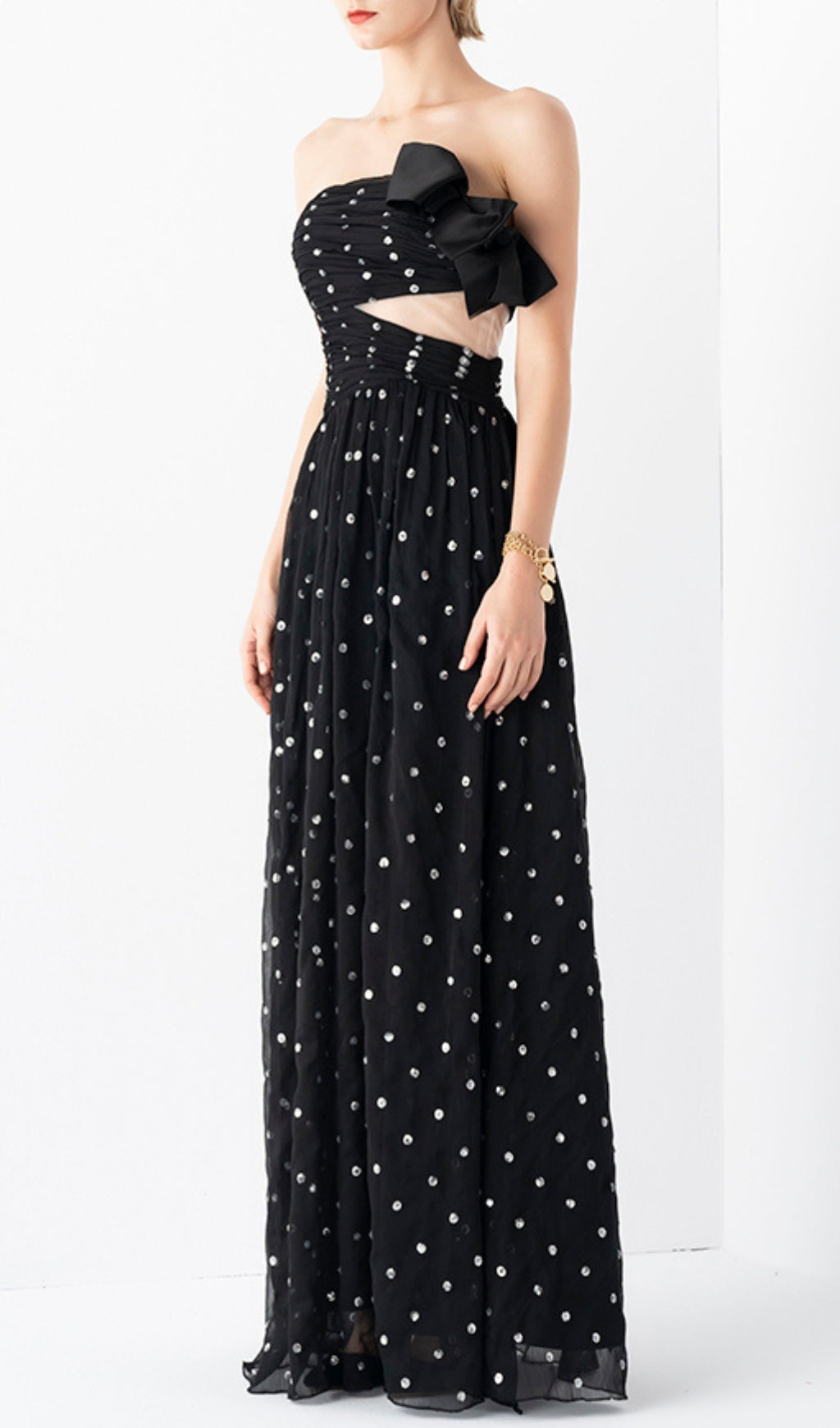 POLKA DOT BANDEAU DRESS BLACK PARTY MINI