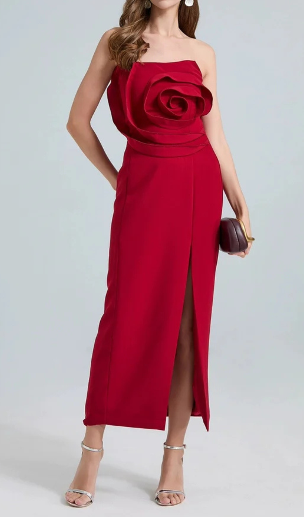 MICHELLE 3D FLOWER STRAPLESS RED MIDI DRESS