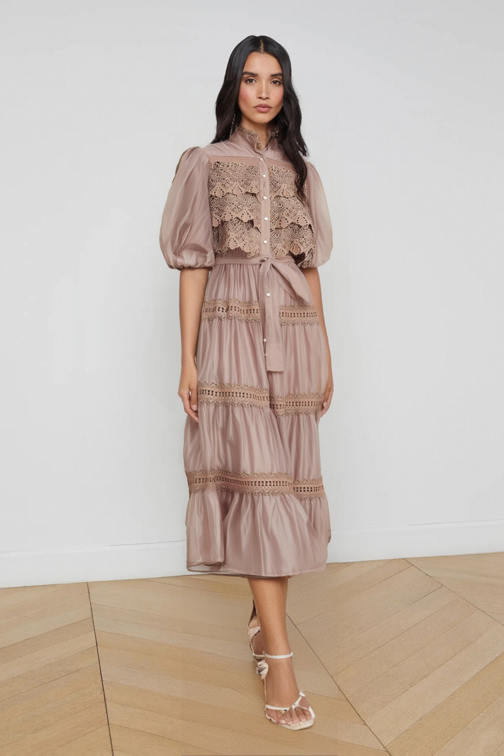 INÈS LACE CUT-OUT TIERED MIDI DRESS