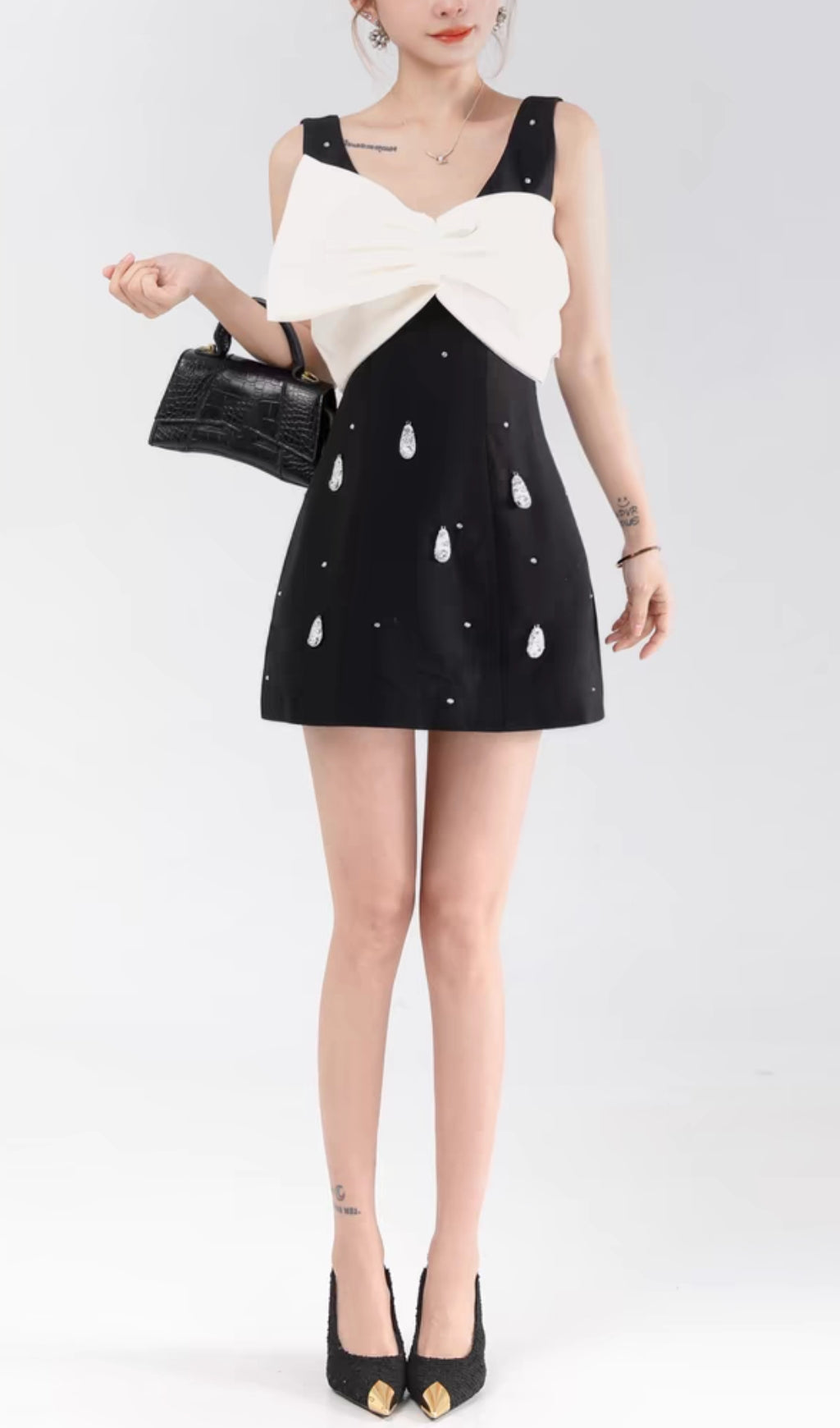 BOW V-NECK SLEEVELESS MINI DRESS BLACK COCKTAIL