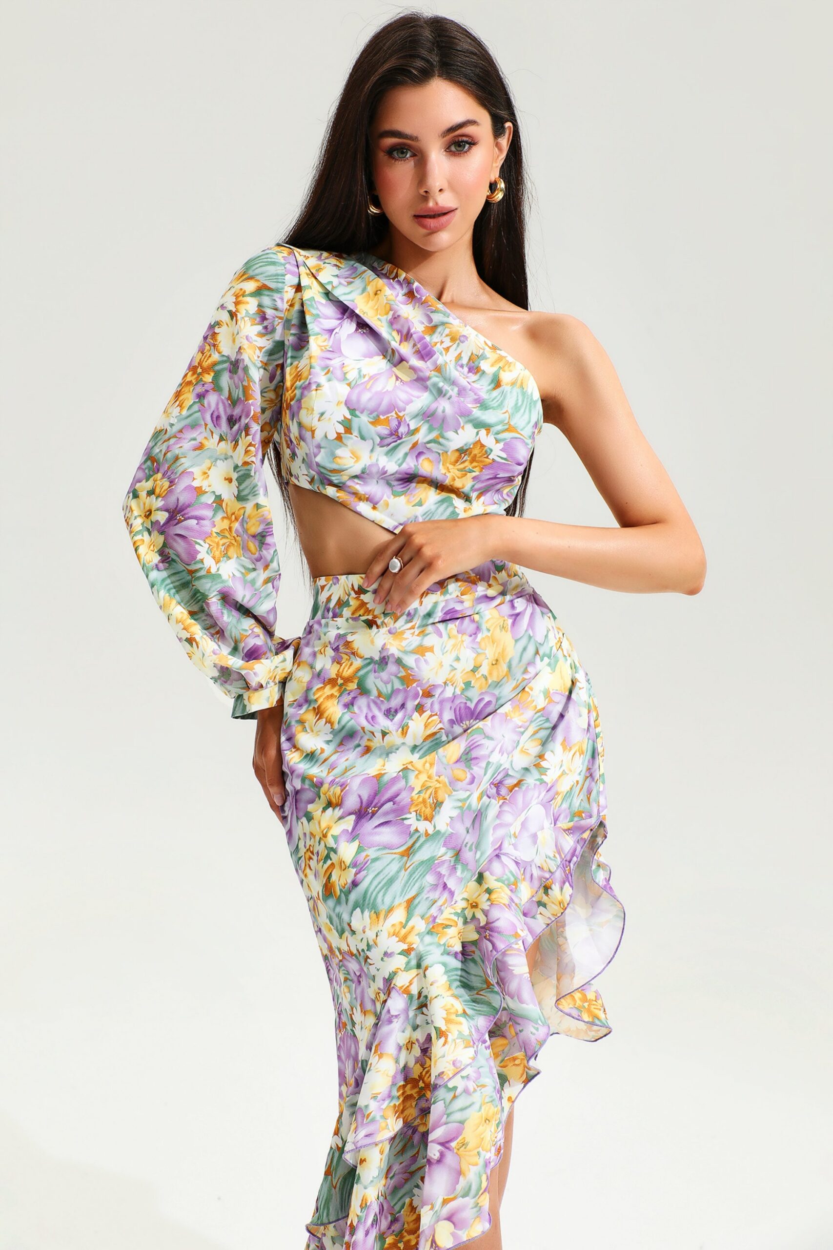 ASYMMETRICAL RUFFLED ONE SLEEVE MIDI DRESS