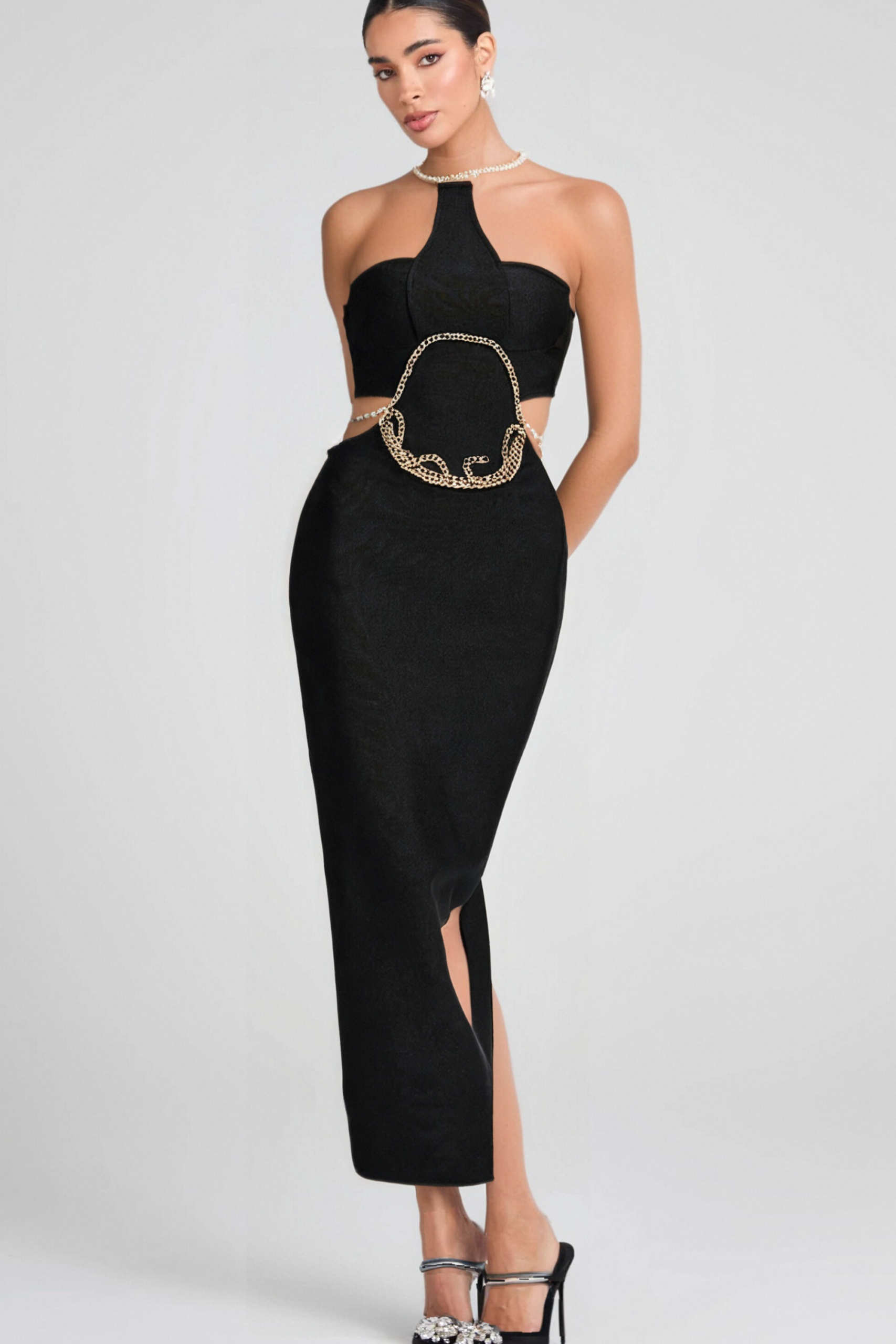 GOLD CHAIN WAIST CUTOUT BANDAGE PARTY DRESS