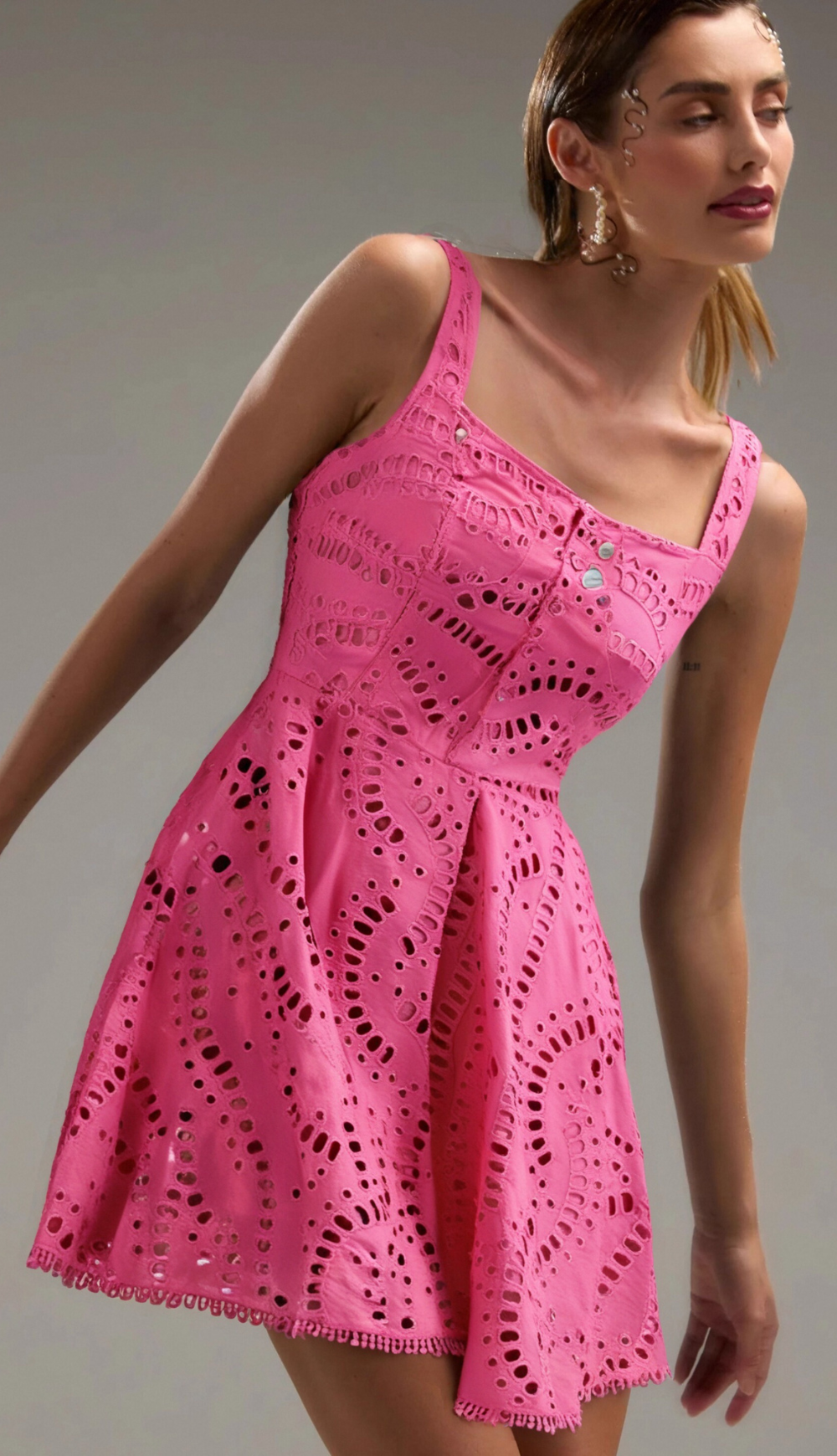 EMBROIDERED HOLLOW MINI DRESS HOT PINK PARTY