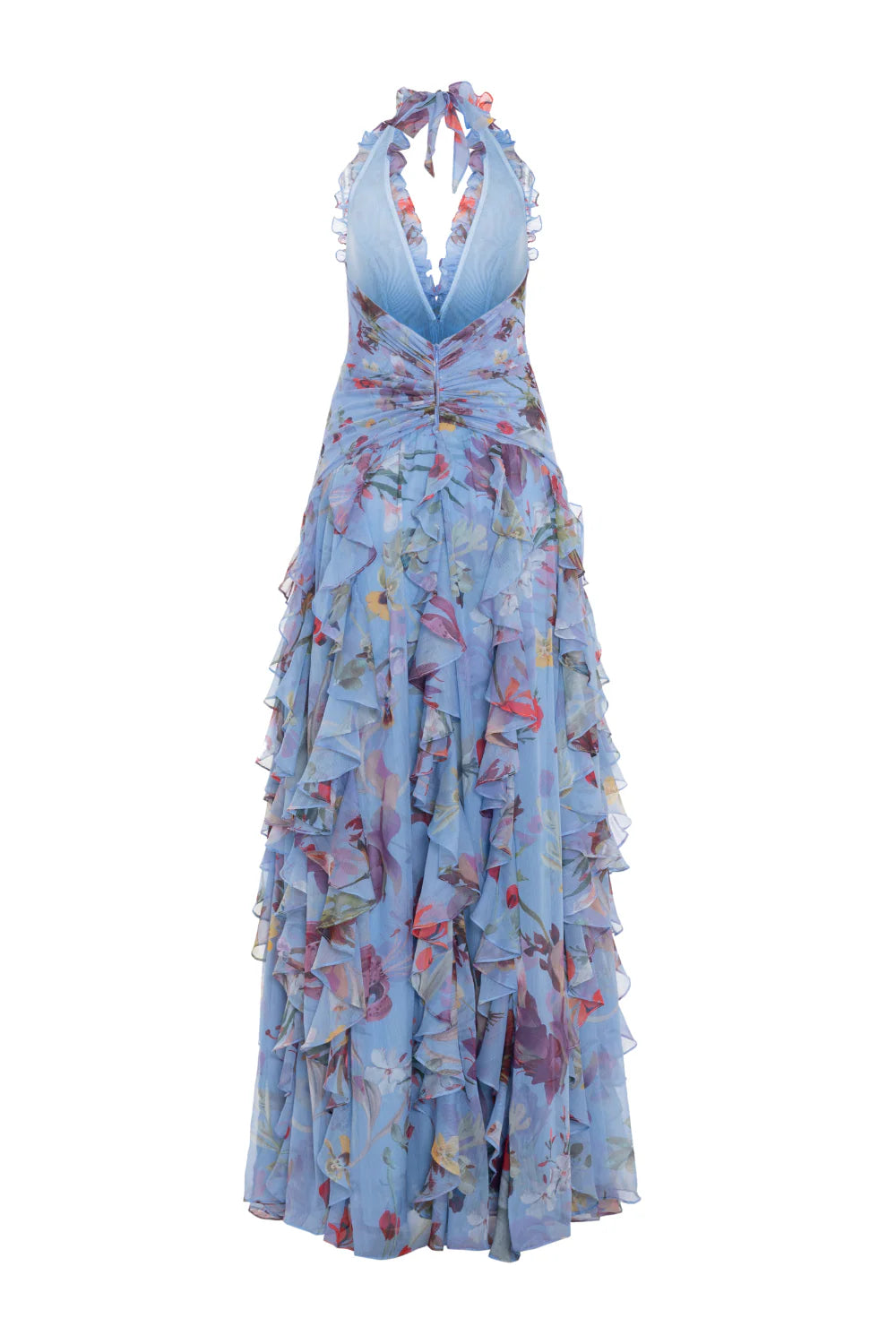 FLORAL HALTER RUFFLE TULLE MAXI DRESS BLUE