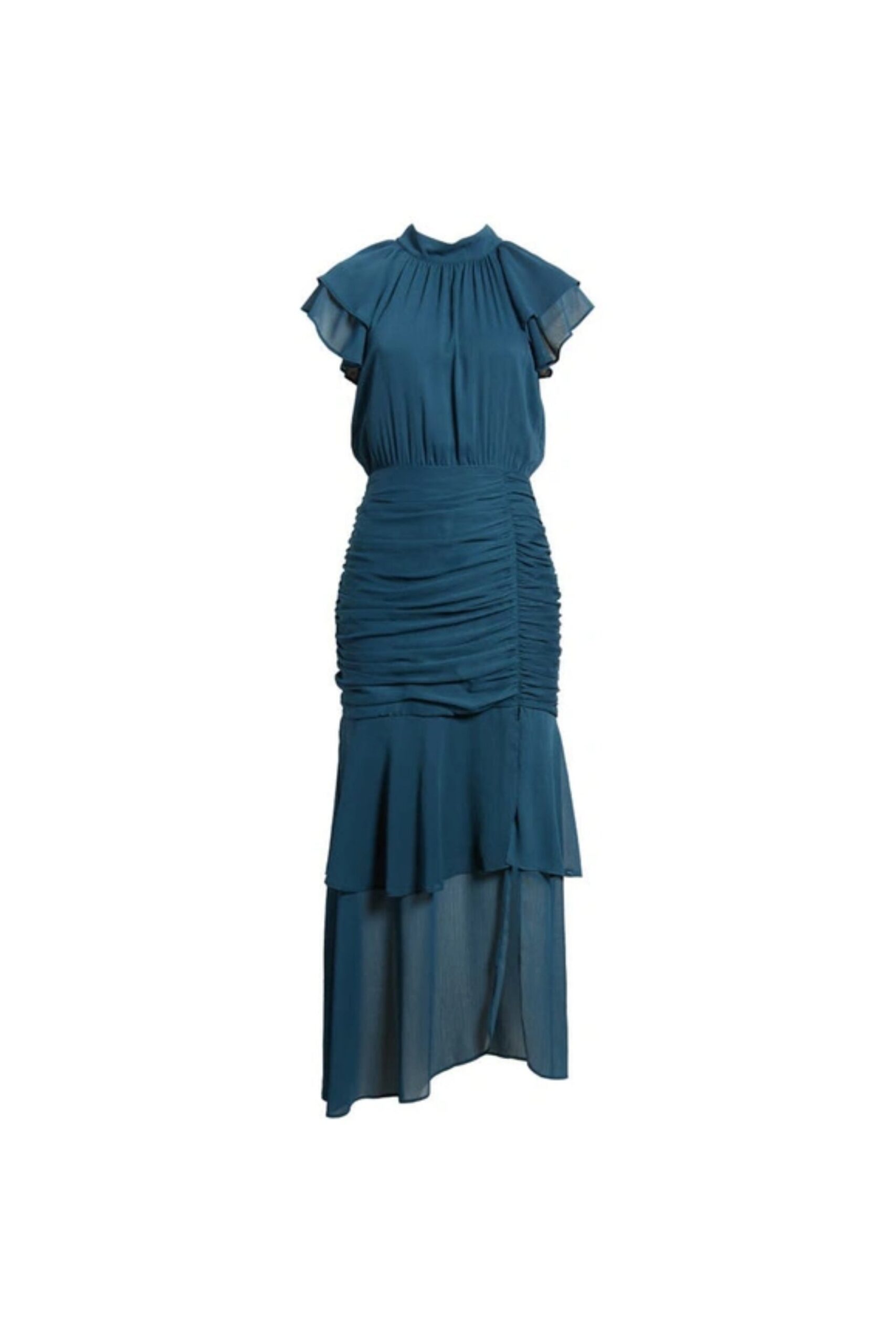 RUCHED RUFFLE TEAL CHIFFON MAXI DRESS