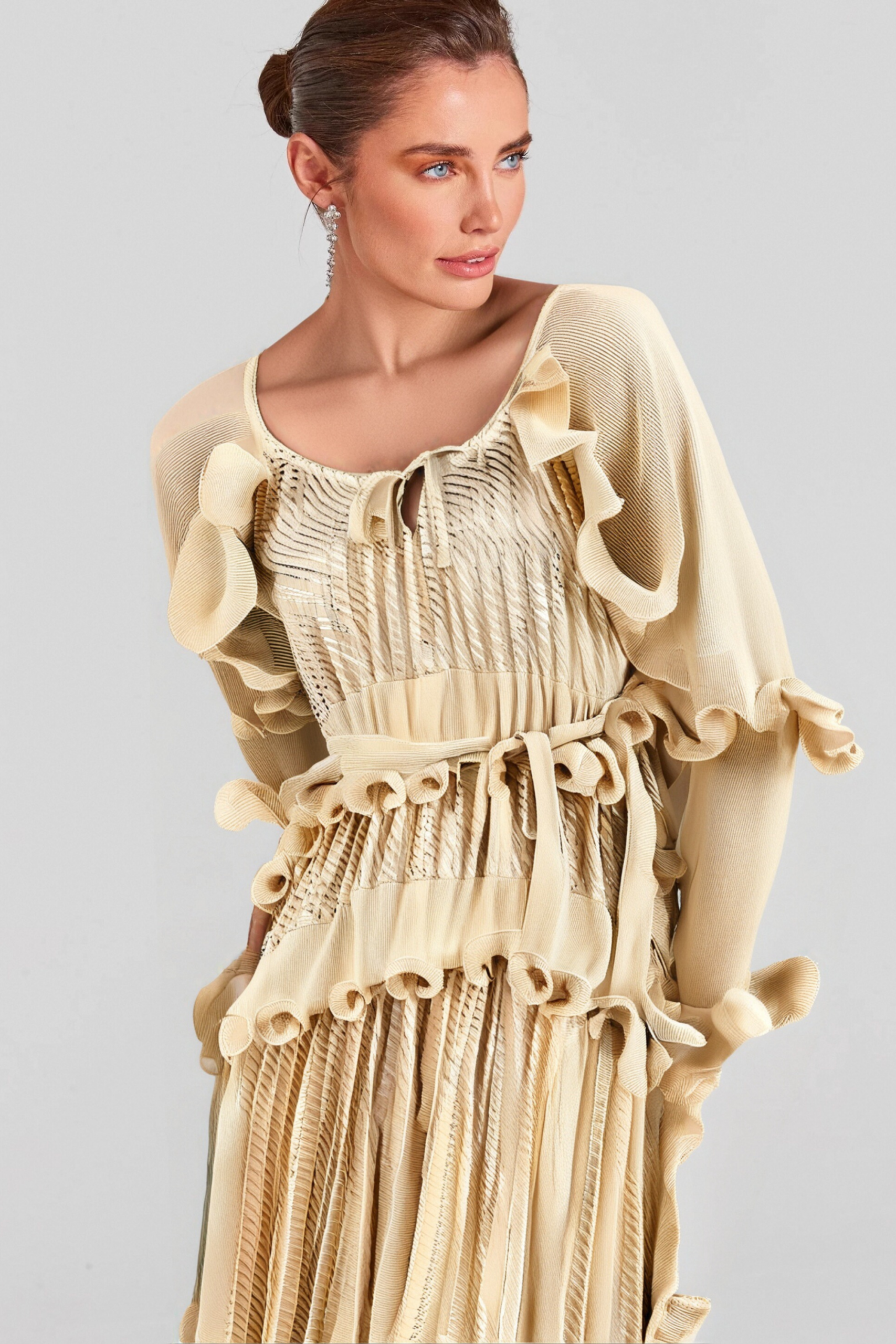 GILDED RUFFLED MIDI DRESS, NEUTRAL ELEGANCE
