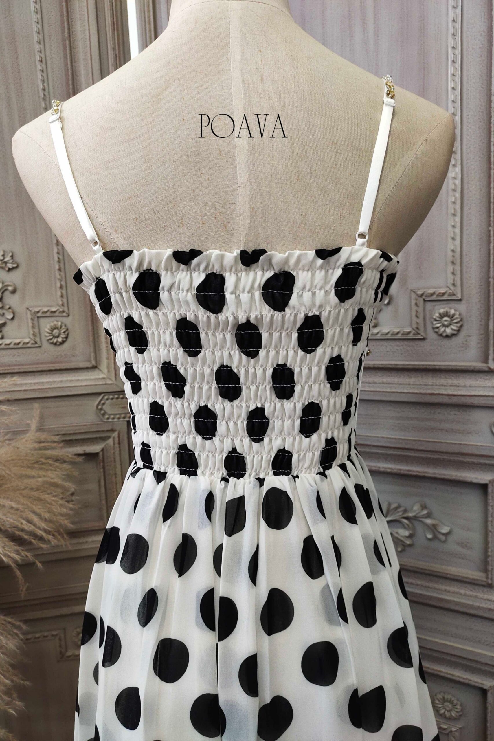 CHIFFON MAXI DRESS WITH BLACK DOTS FOR PARTY