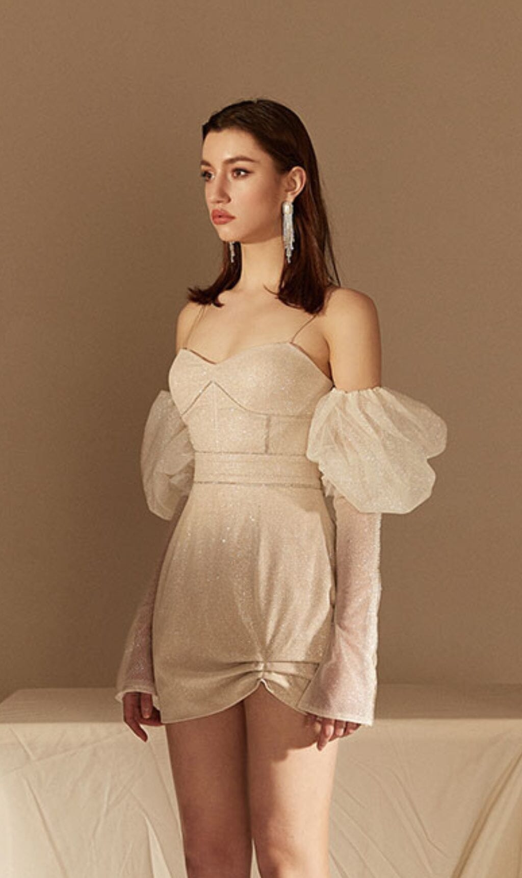 STRAPLESS BUBBLE DRESS FOR WEDDING GUEST BEIGE