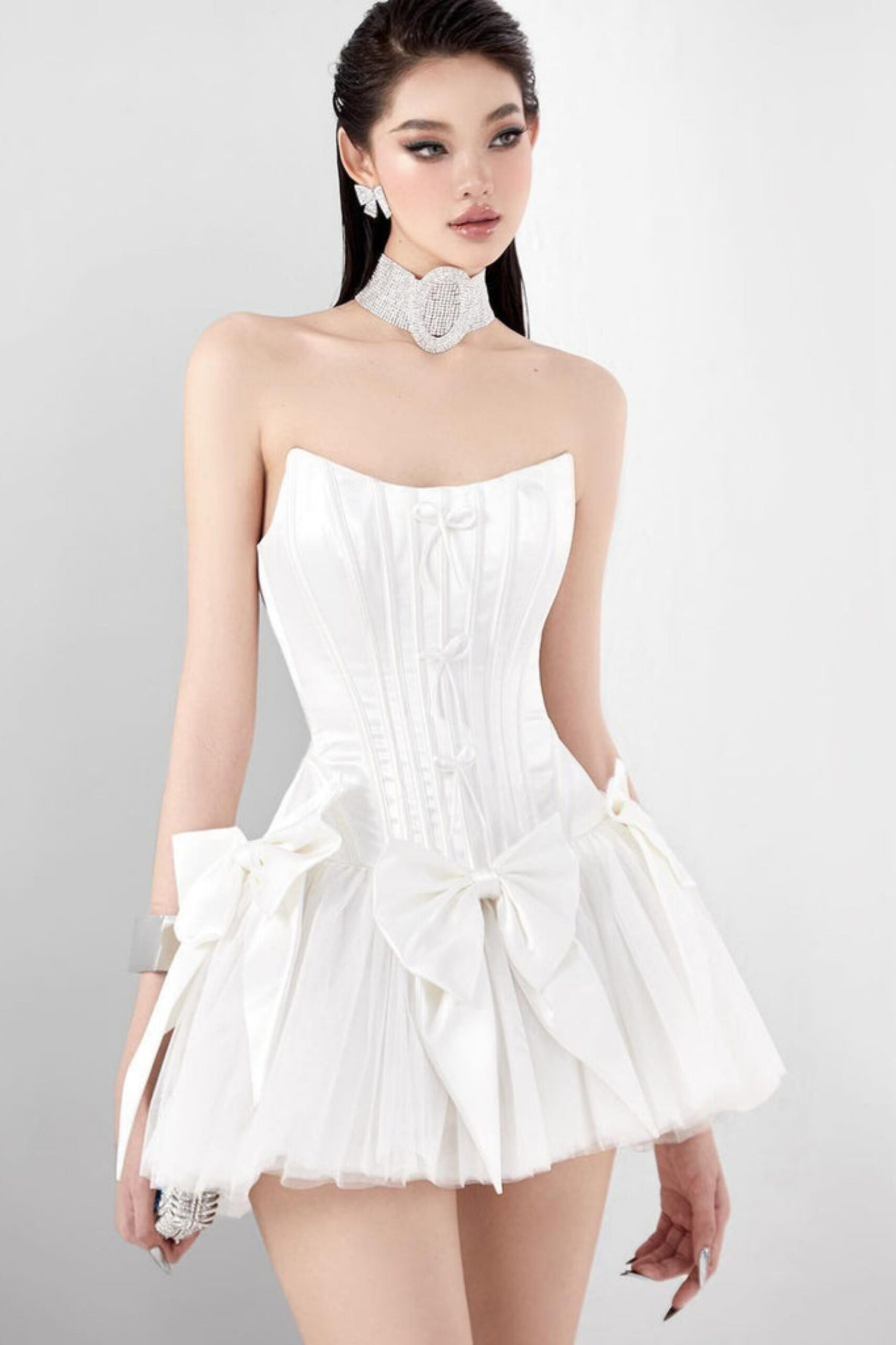 ELSIE BOWKNOT STRAPLESS WHITE MINI DRESS