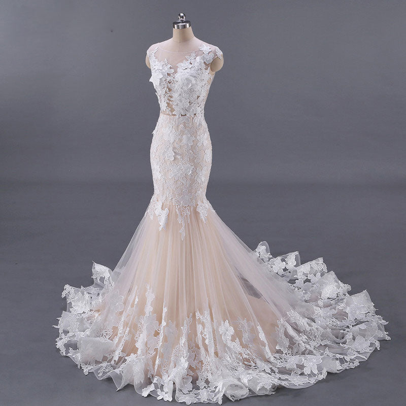 CHAMPAGNE TULLE LACE PROM GOWN