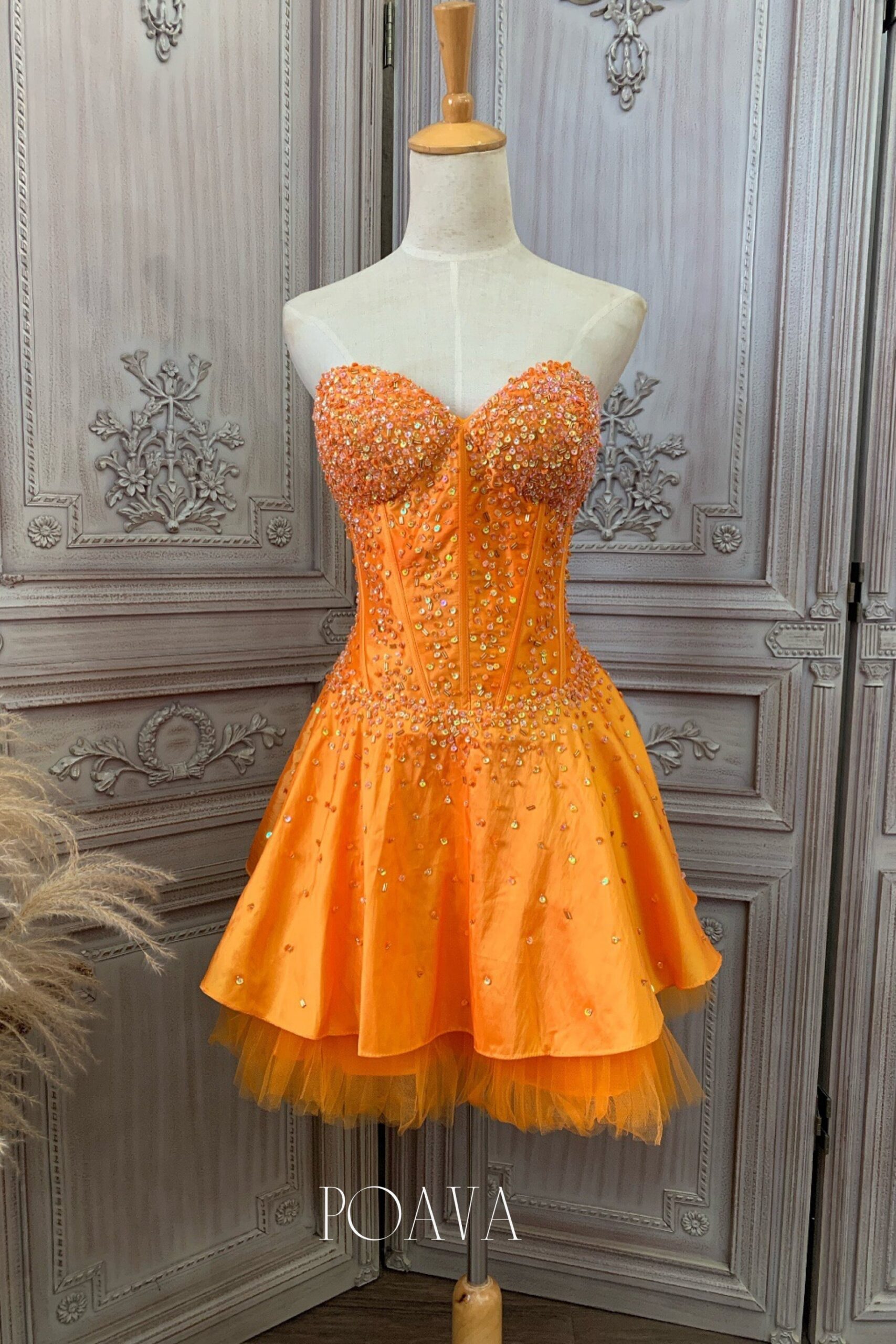 4_63875453-c033-47c3-9379-e8963cd91970 EMBELLISHED ORANGE MINI STRAPLESS COCKTAIL DRESS