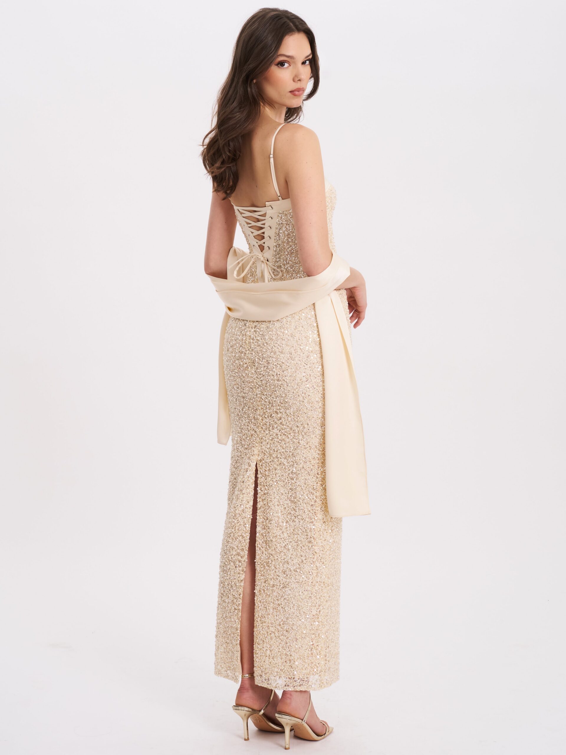 GOLD BEADED SEQUIN BODYCON GOWN WITH SCARF