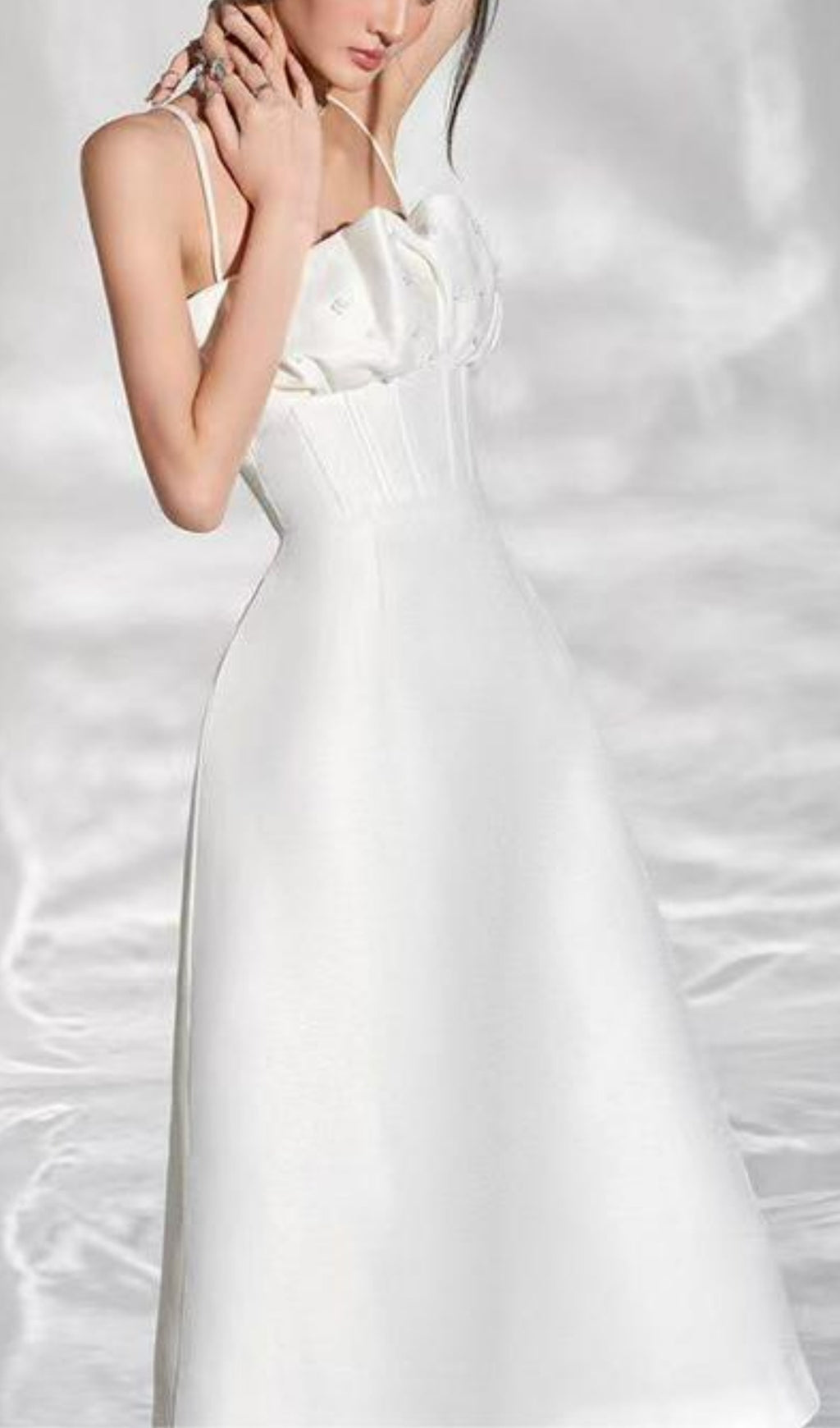 STRAPPY PLEATED WRAP MIDI DRESS WHITE