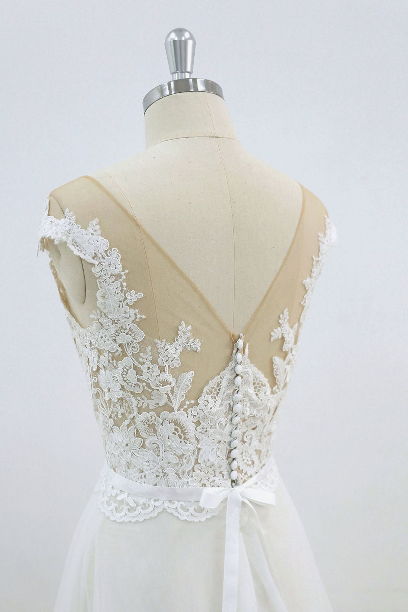 WHITE LACE TULLE PROM GOWN A-LINE