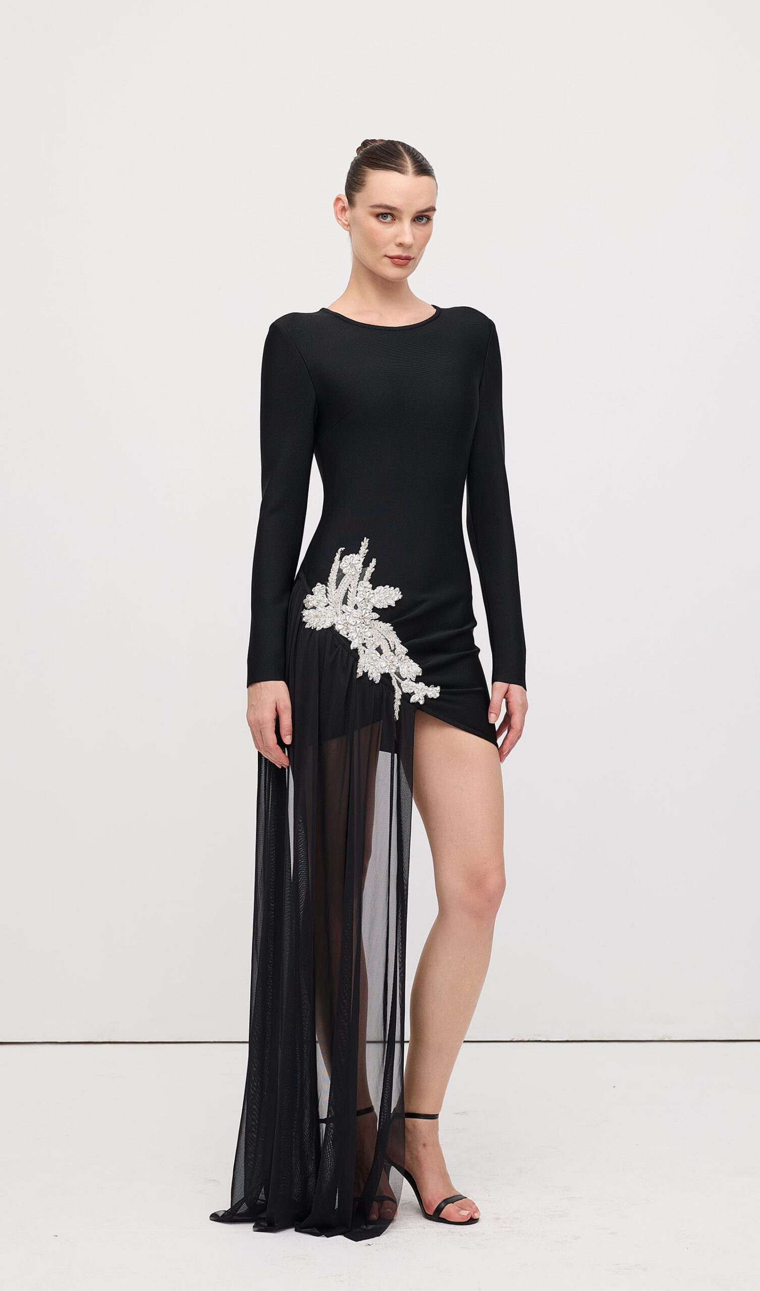REBECCA BLACK ASYMMETRICAL RHINESTONE MINI DRESS