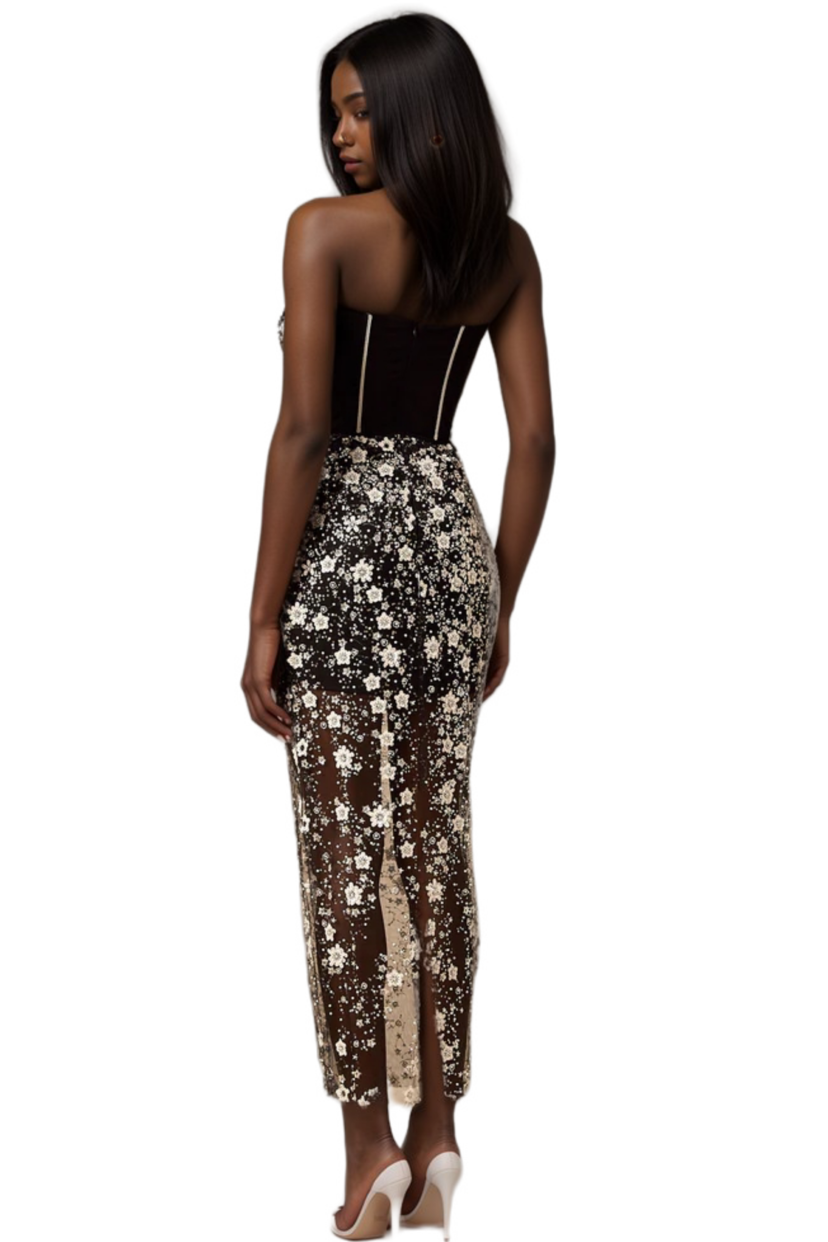 OPHÉLIE BLACK SEQUIN CORSET MIDI DRESS