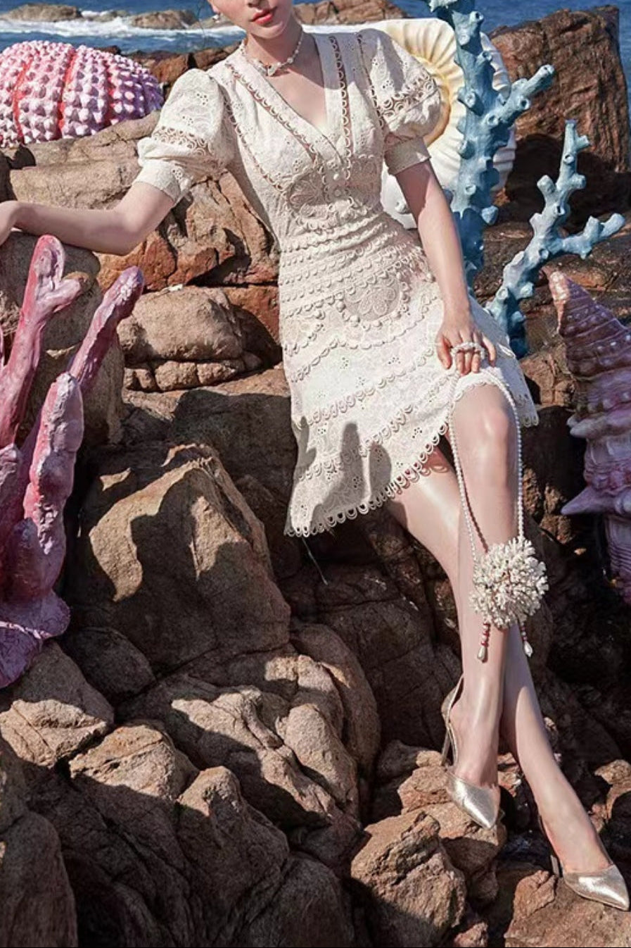 EMBROIDERED V-NECK MINI DRESS BEIGE