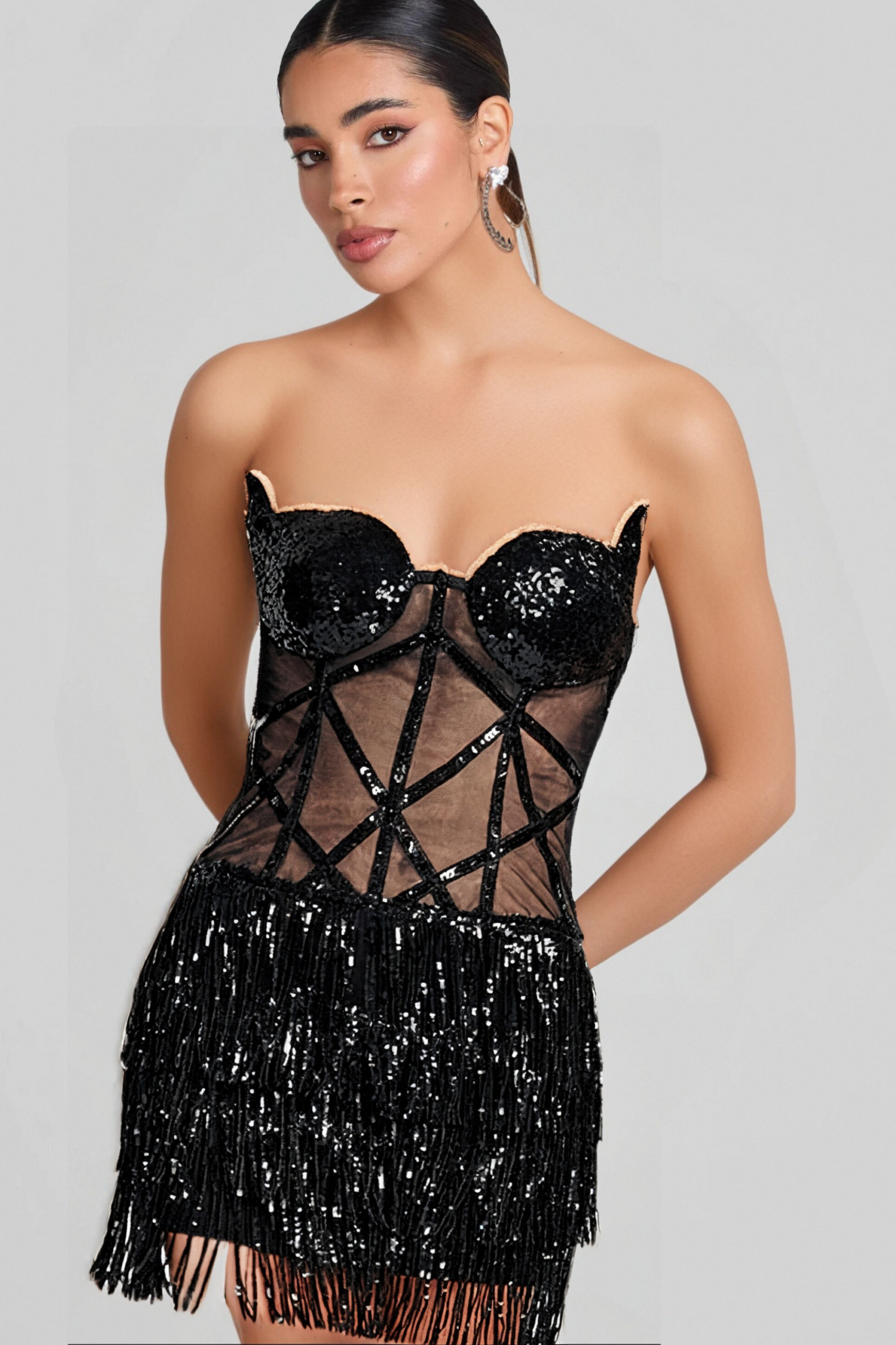 BLACK MESH SEQUIN BEADED CORSET PARTY DRESS