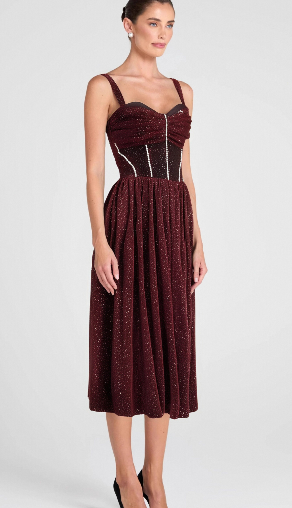 RUCHED BUST MESH RHINESTONE CAMI DRESS